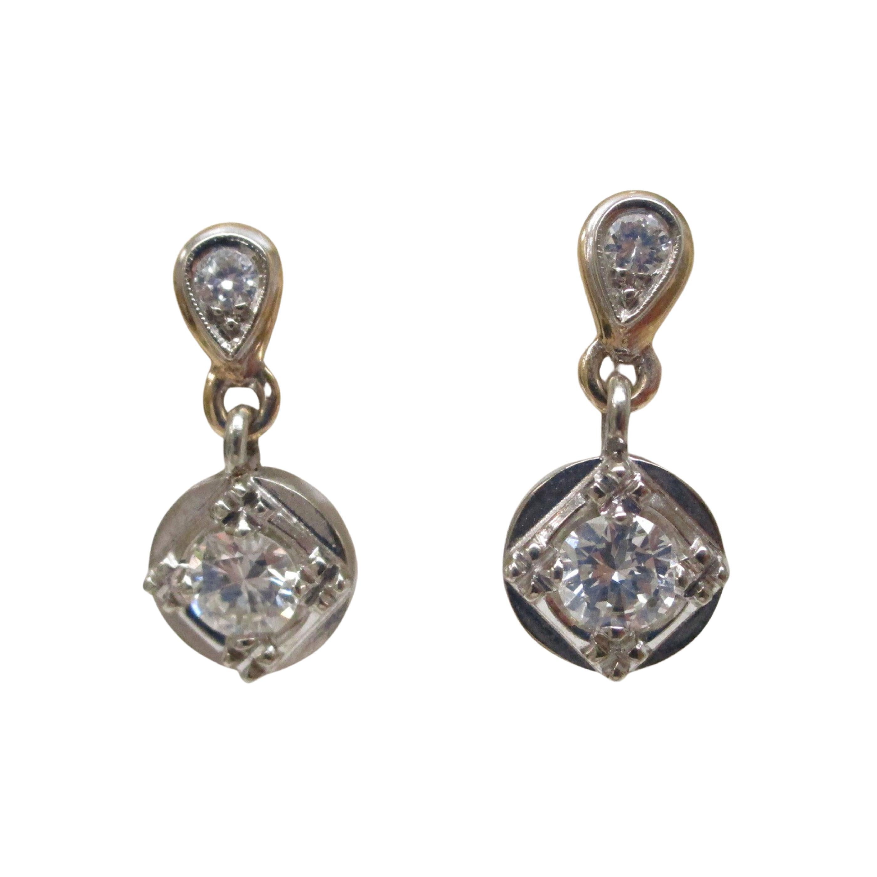 Two-Tone Gold 1950s Retro Diamond Dangle Earrings For Sale