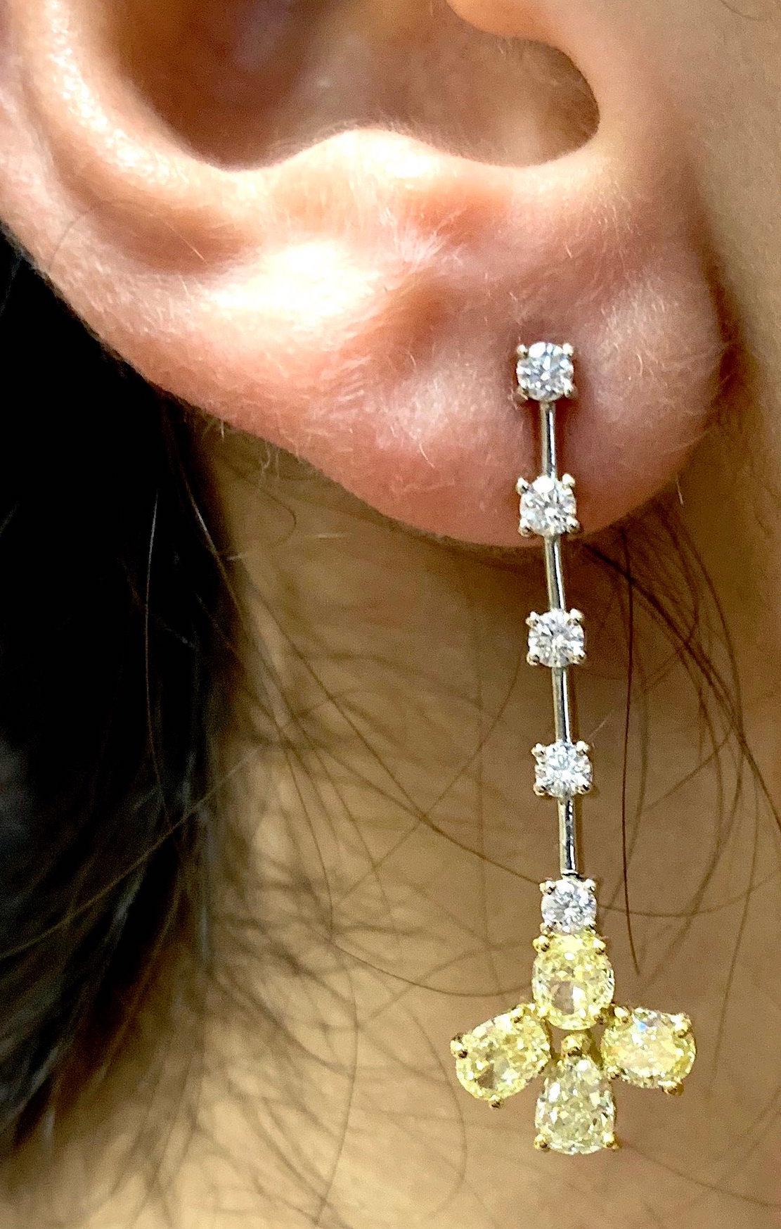 Contemporary 14K White Gold Natural Round Yellow Diamond and White Diamond Drop Earrings