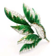Two-Tone Gold 3.20ctw Diamond Vivid Green Enamel Magnificent Foliage Leaf Brooch