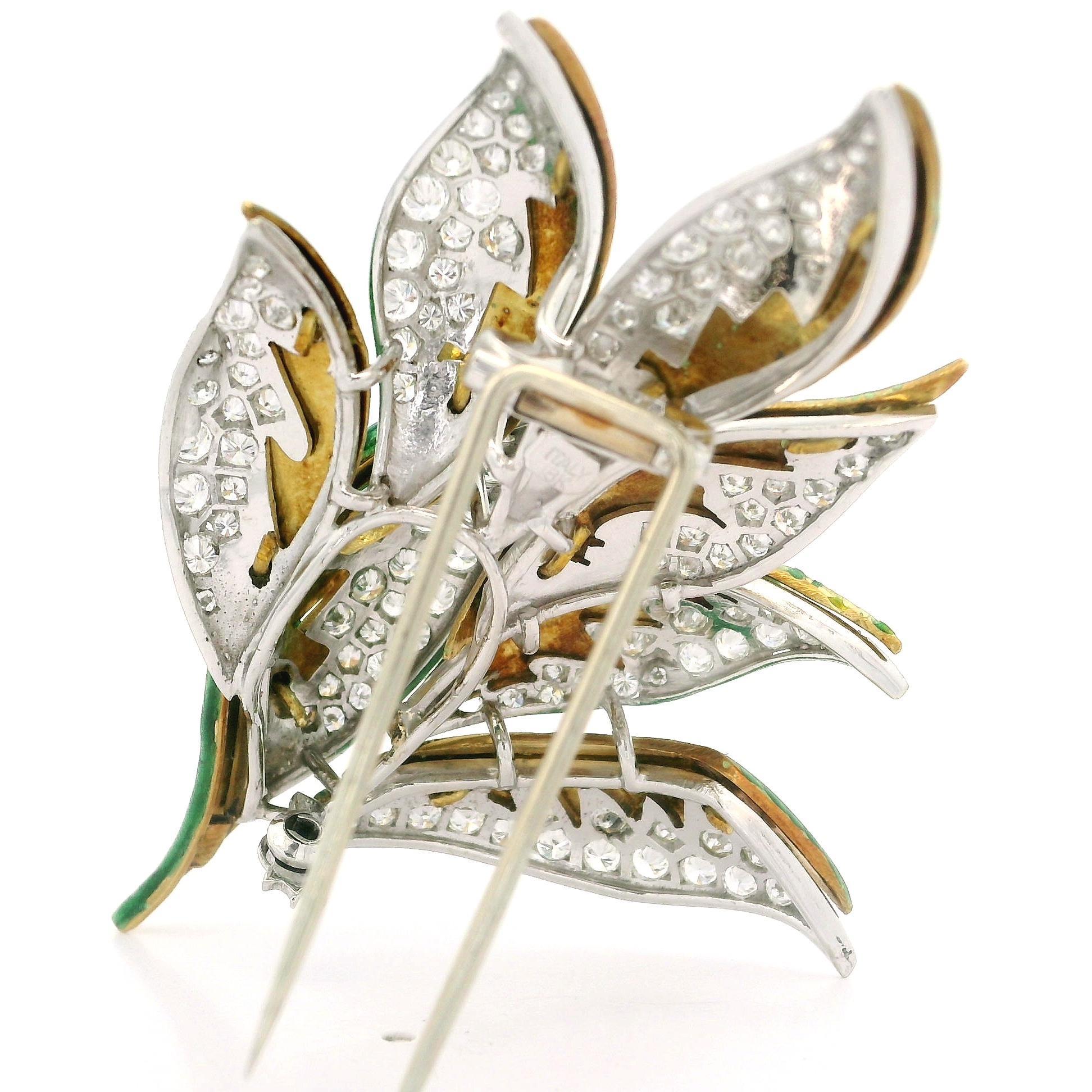 Brilliant Cut Two-Tone Gold 3.20ctw Diamond Vivid Green Enamel Magnificent Foliage Leaf Brooch For Sale