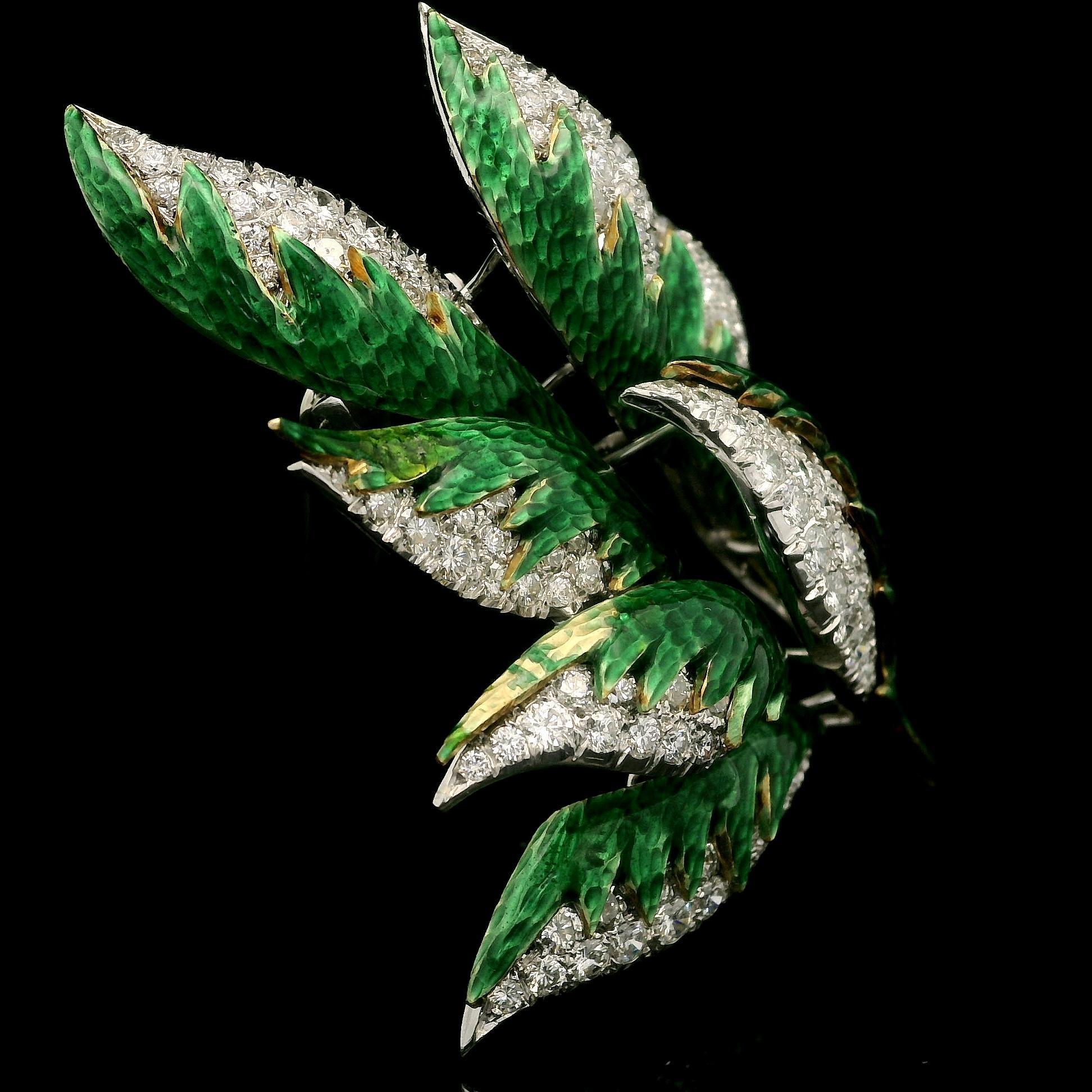 Women's or Men's Two-Tone Gold 3.20ctw Diamond Vivid Green Enamel Magnificent Foliage Leaf Brooch For Sale