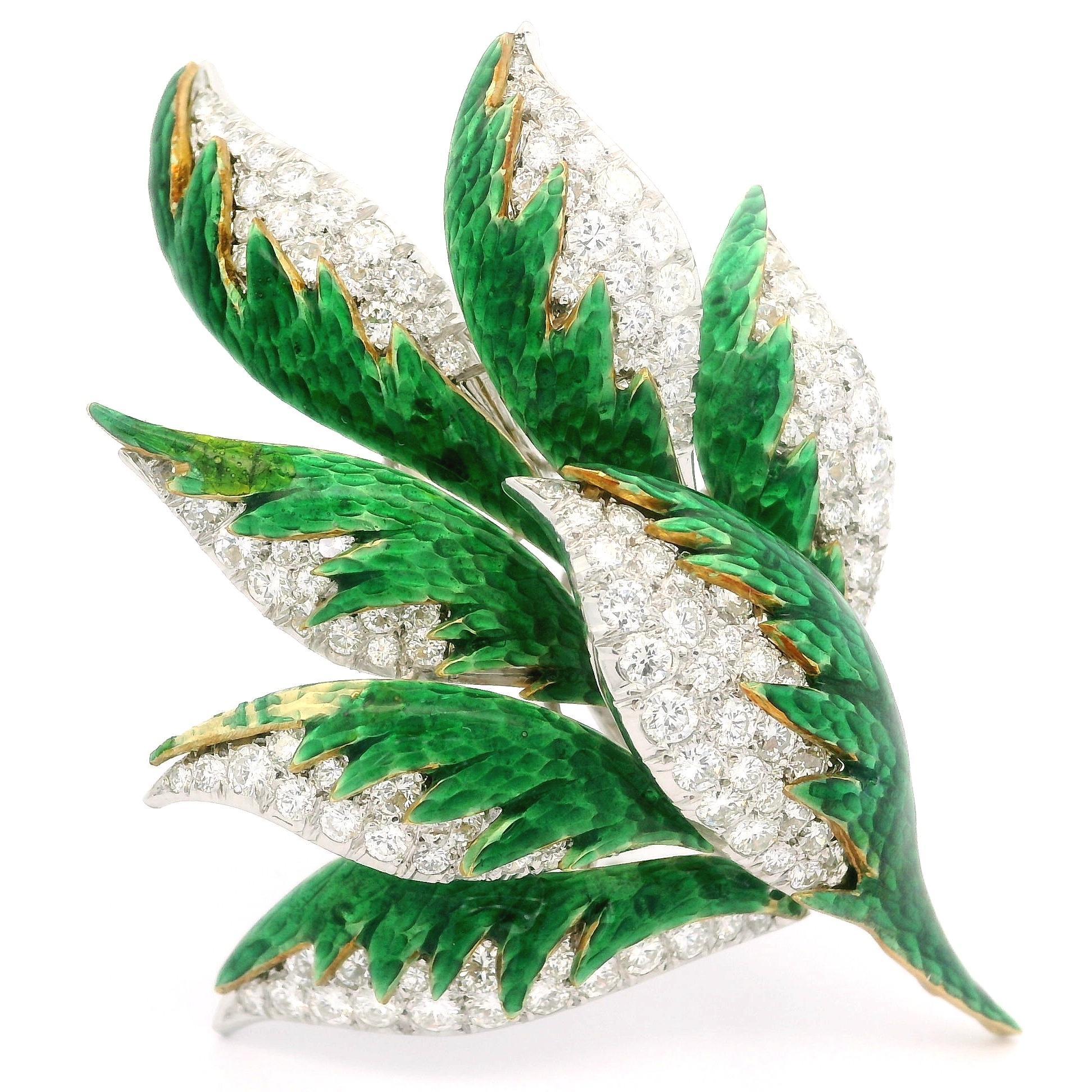 Two-Tone Gold 3.20ctw Diamond Vivid Green Enamel Magnificent Foliage Leaf Brooch For Sale 3