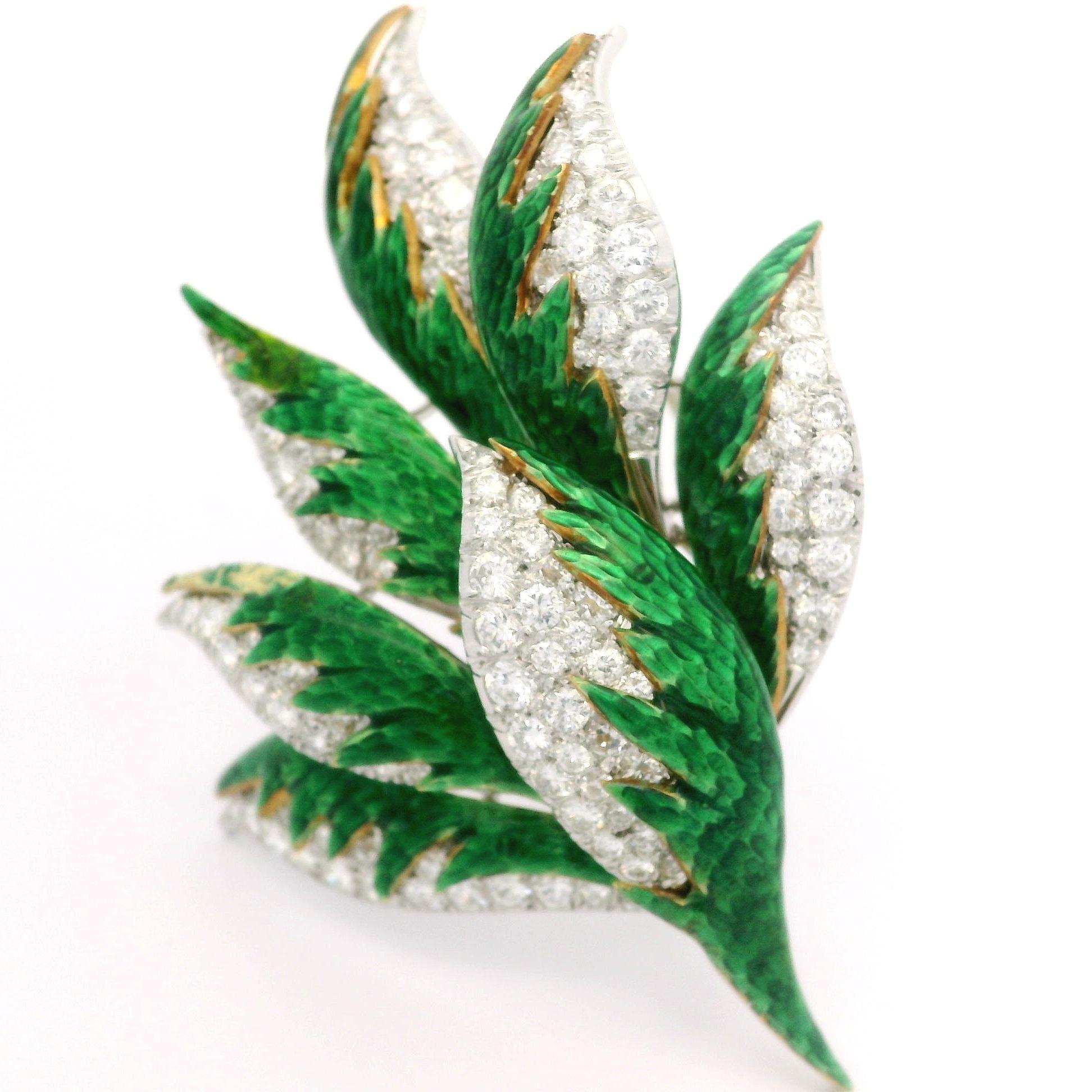 Two-Tone Gold 3.20ctw Diamond Vivid Green Enamel Magnificent Foliage Leaf Brooch For Sale 4