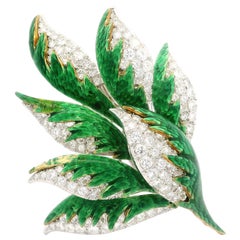 Two-Tone Gold 3.20ctw Diamond Vivid Green Enamel Magnificent Foliage Leaf Brooch