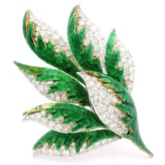 Two-Tone Gold 3.20ctw Diamond Vivid Green Enamel Magnificent Foliage Leaf Brooch