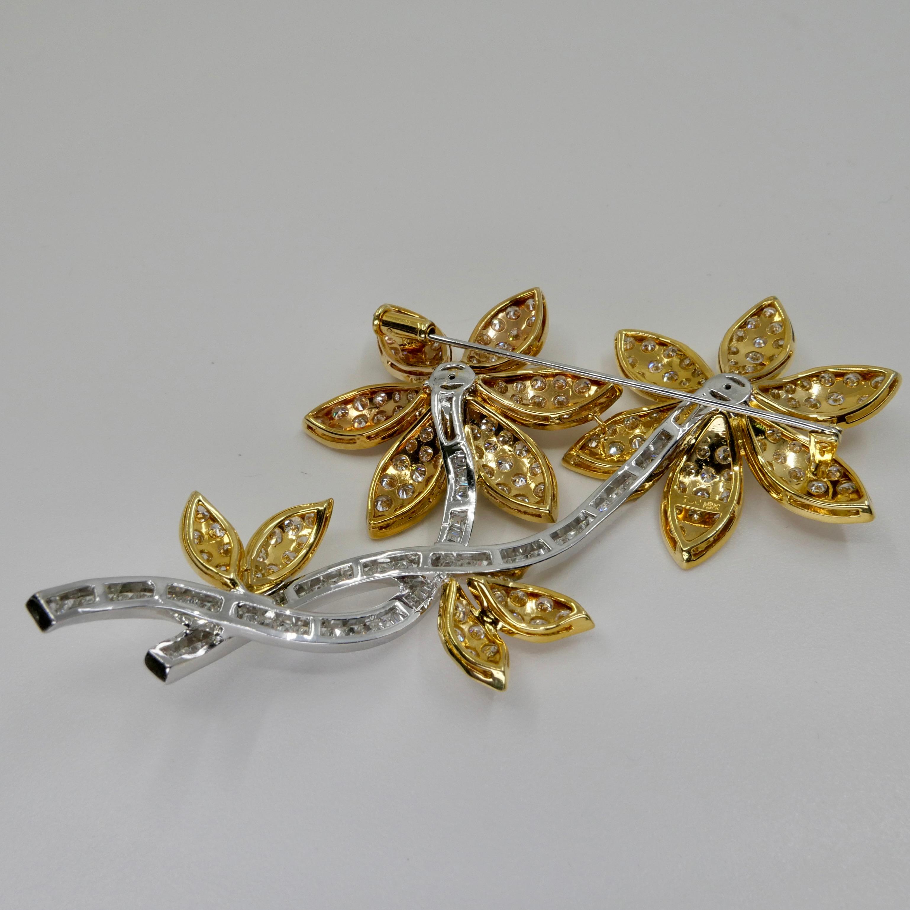 Two Tone Gold & 7.81 Ctw Diamond Flower Statement Brooch Pendant, Two Use For Sale 3