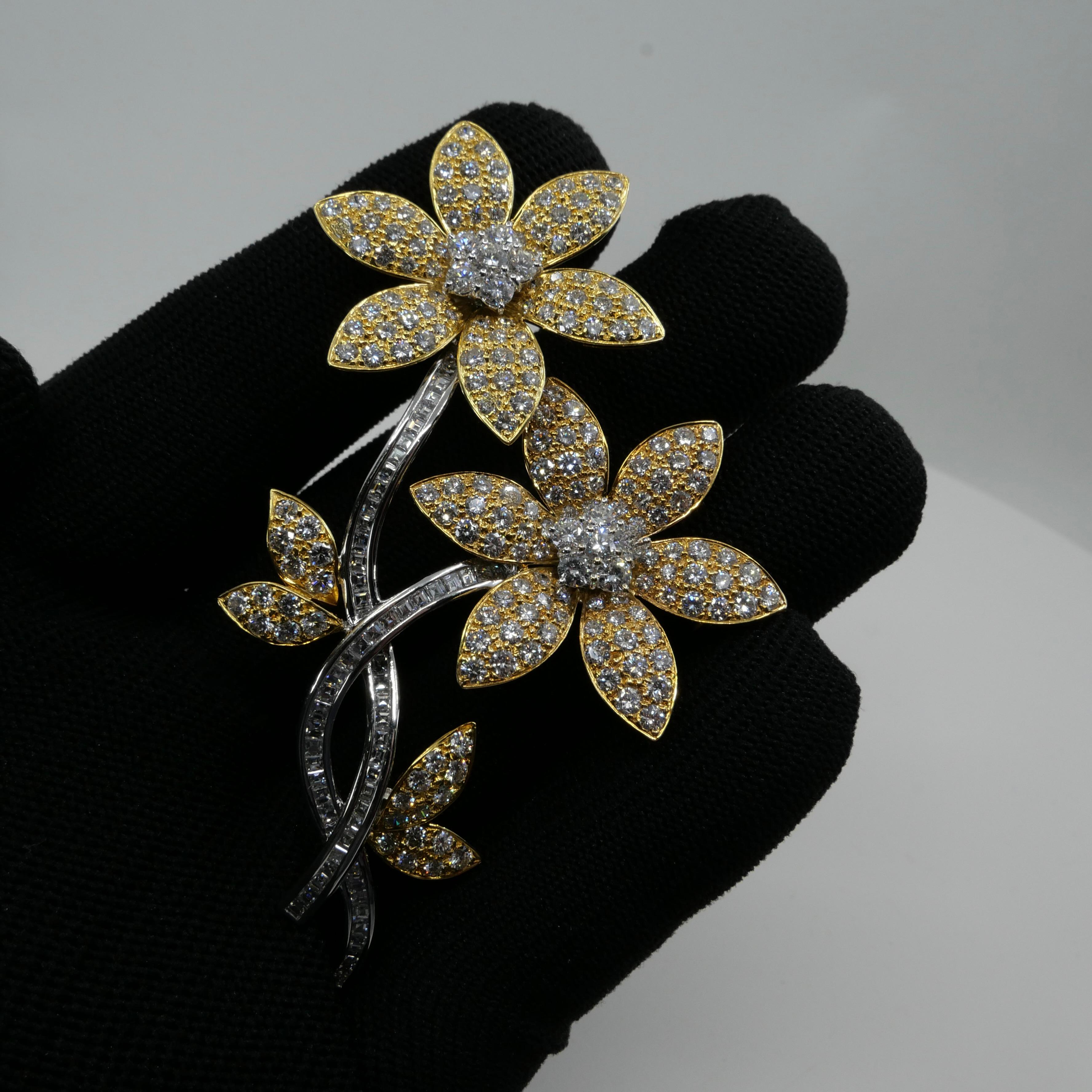 Two Tone Gold & 7.81 Ctw Diamond Flower Statement Brooch Pendant, Two Use For Sale 4