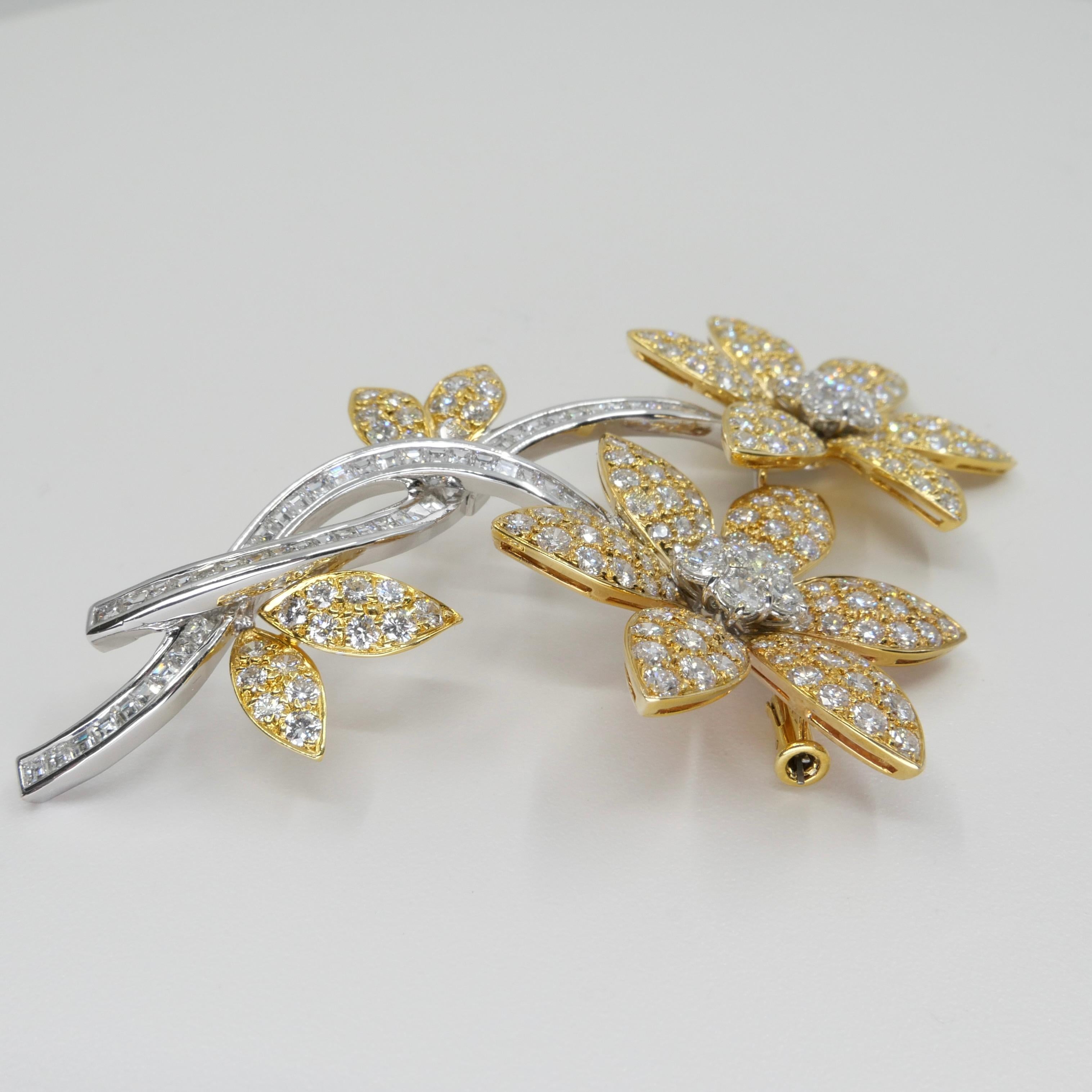 Two Tone Gold & 7.81 Ctw Diamond Flower Statement Brooch Pendant, Two Use For Sale 11