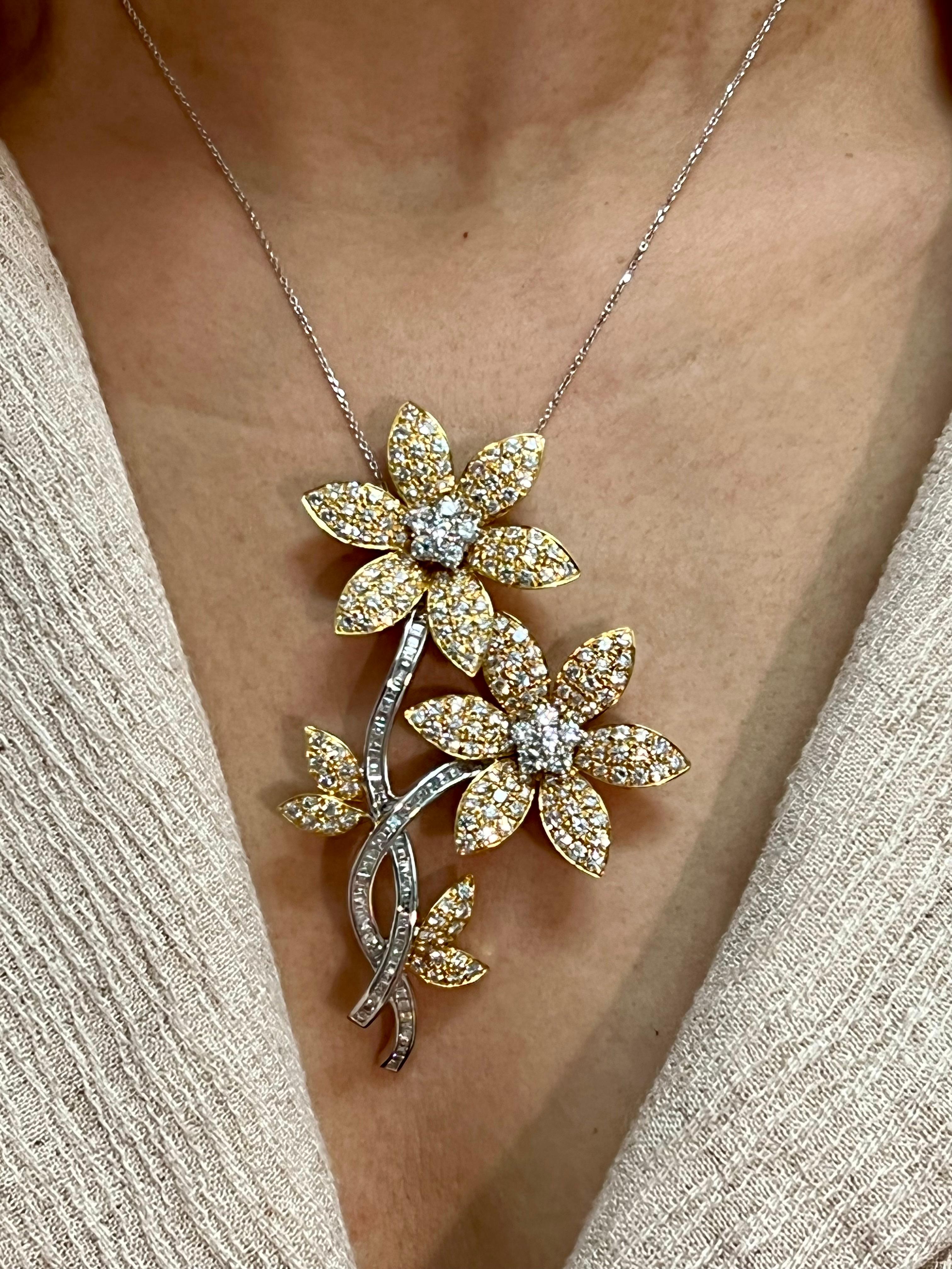 Please check out the HD video. This is a versatile piece of jewelry. You can wear is dressed up or down, as a brooch or as a pendant. The brooch pendant is made of 18k white and yellow gold and lots of diamonds. There are 64 square cut  white