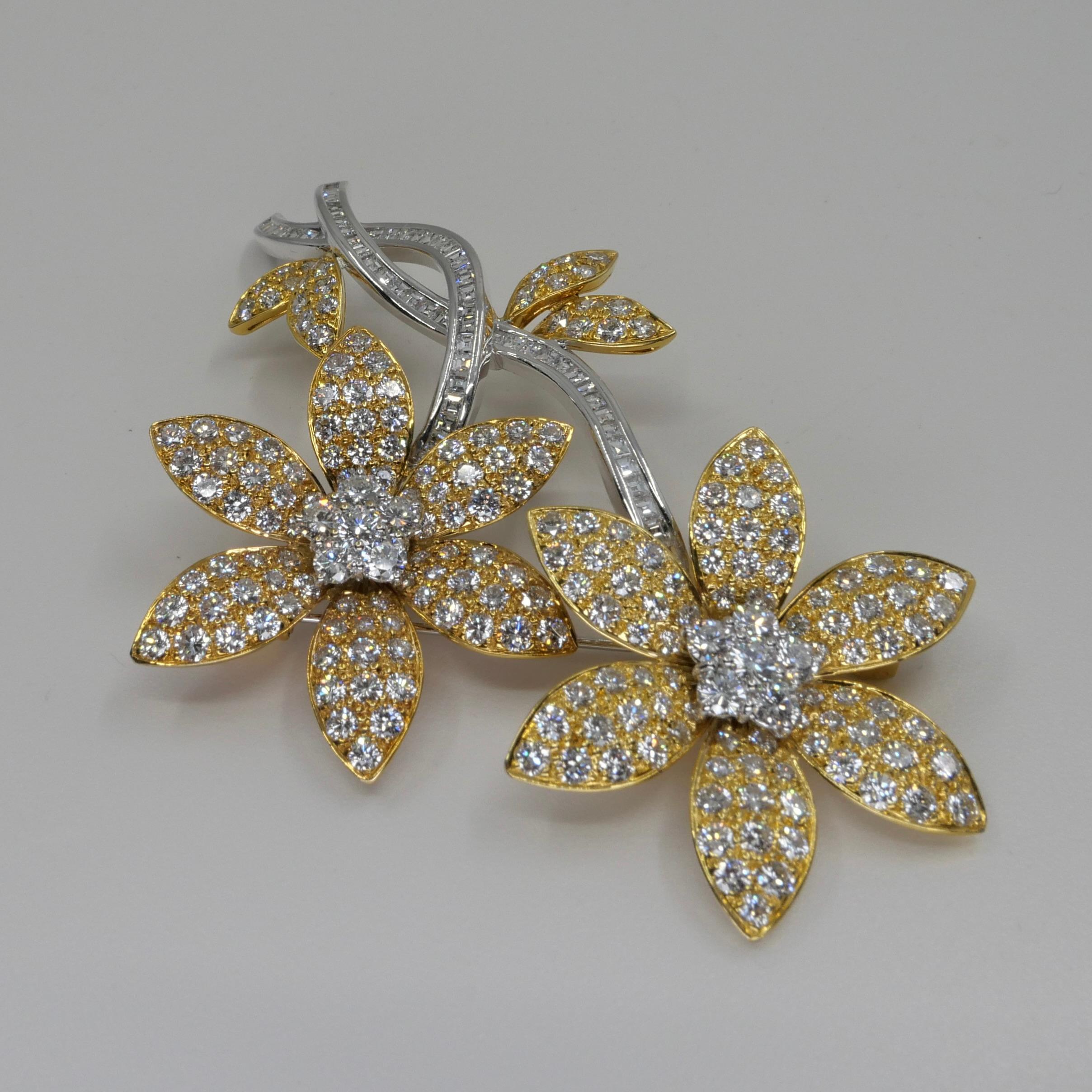 Two Tone Gold & 7.81 Ctw Diamond Flower Statement Brooch Pendant, Two Use For Sale 1