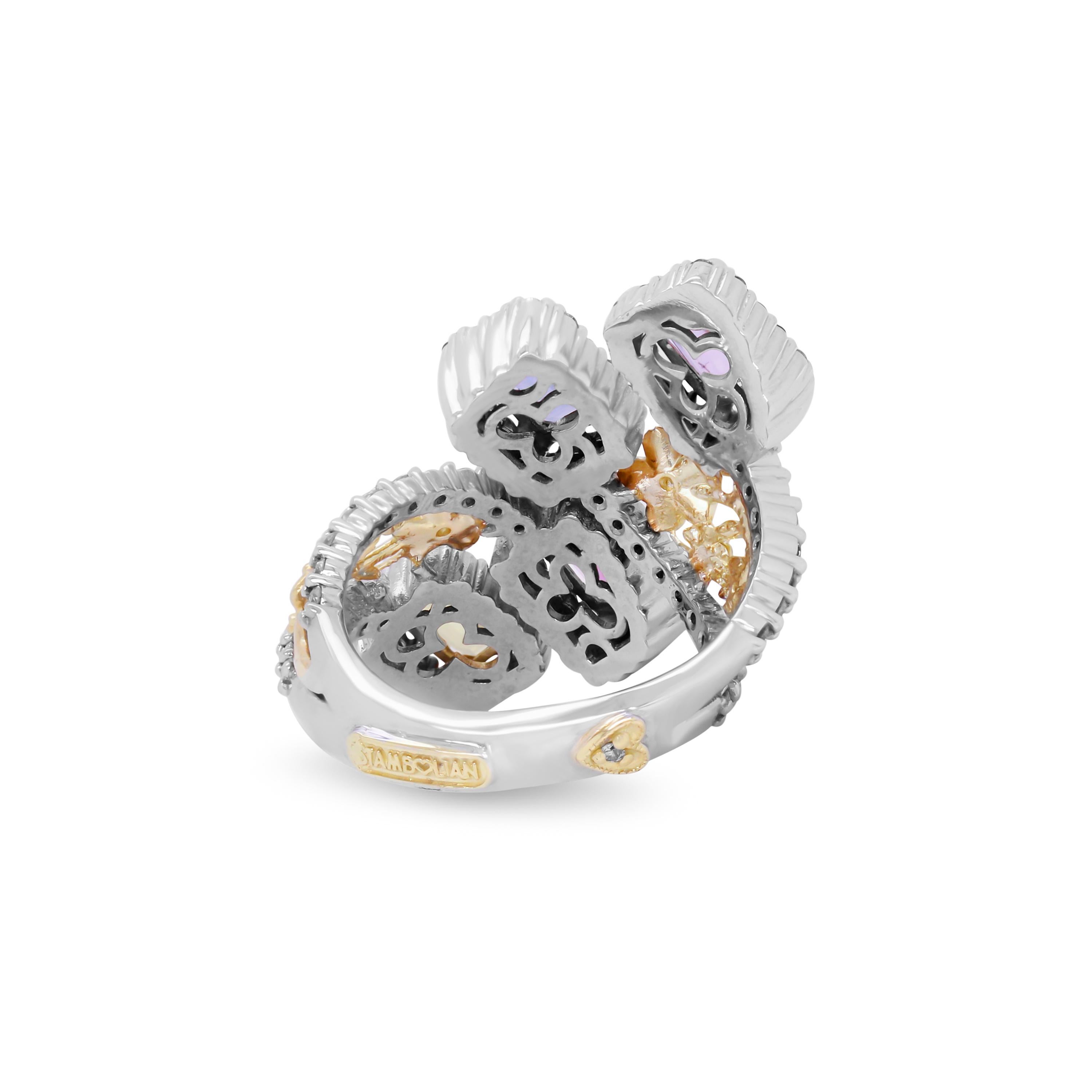 Women's Stambolian 18K Yellow White Gold Floral Diamonds Emerald Cut Sapphires Ring