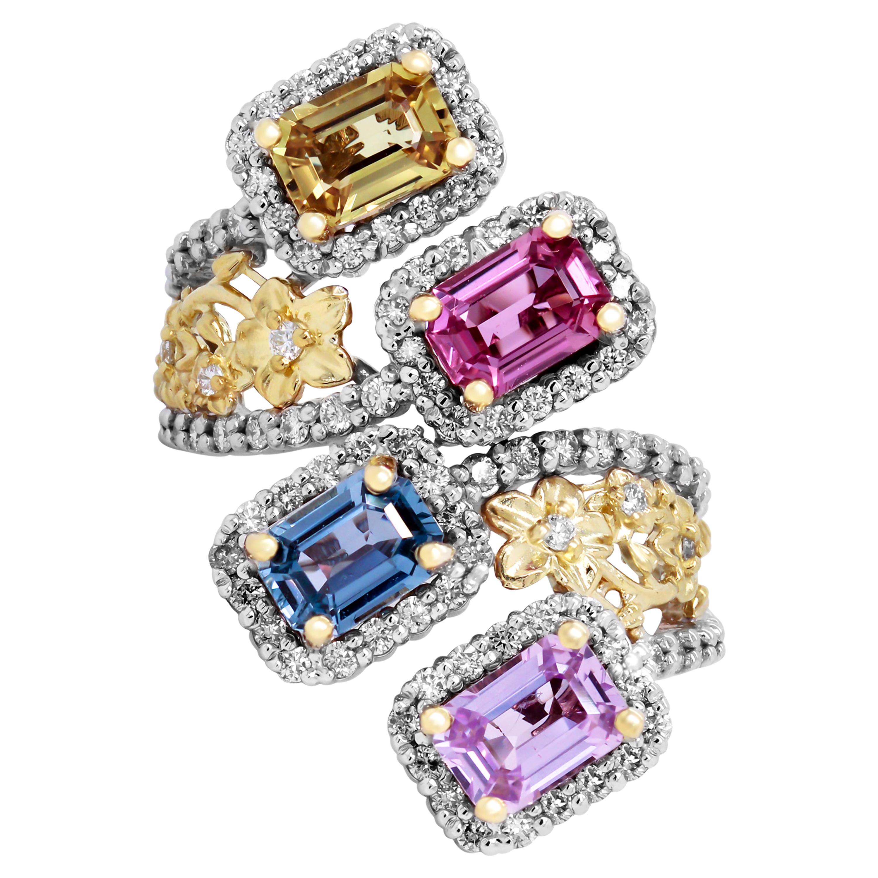 Stambolian 18K Yellow White Gold Floral Diamonds Emerald Cut Sapphires Ring