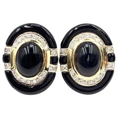 Two-Tone Gold Black Onyx and Diamond Button Earrings