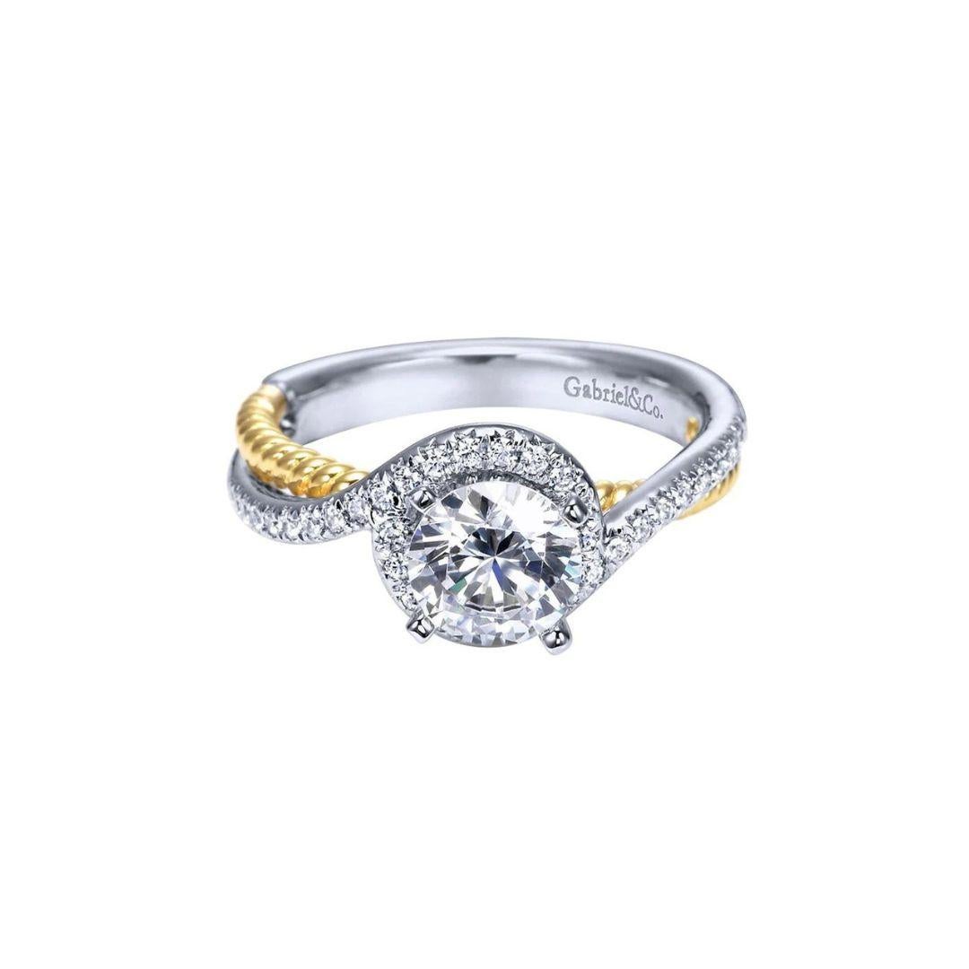 Two Tone 14k Gold Bypass Rope Design Diamond Engagement Mounting. Vintage inspired rope design weaves around the ring's diamond studded shoulders. Center diamond NOT included. Side diamonds weigh a total carat weight of 0.25 ctw, H color, SI clarity.