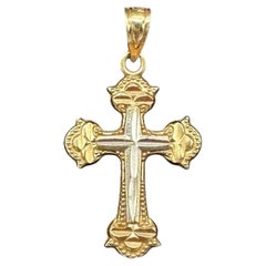 Two Tone Gold Cross Pendant 14kt Yellow Gold Estate Small Bail