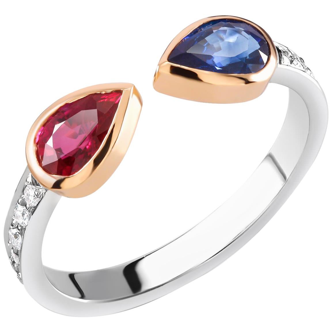 Two-Tone Gold Diamond Ruby Sapphire Ring Weighing 1.45 Carat