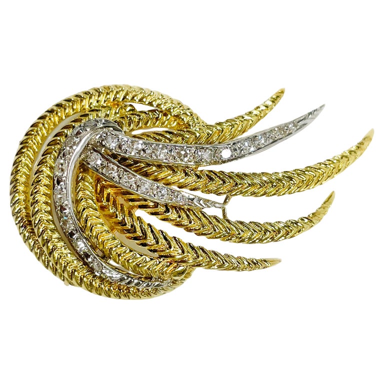 Two Tone Gold Diamond Spray Brooch For Sale at 1stDibs