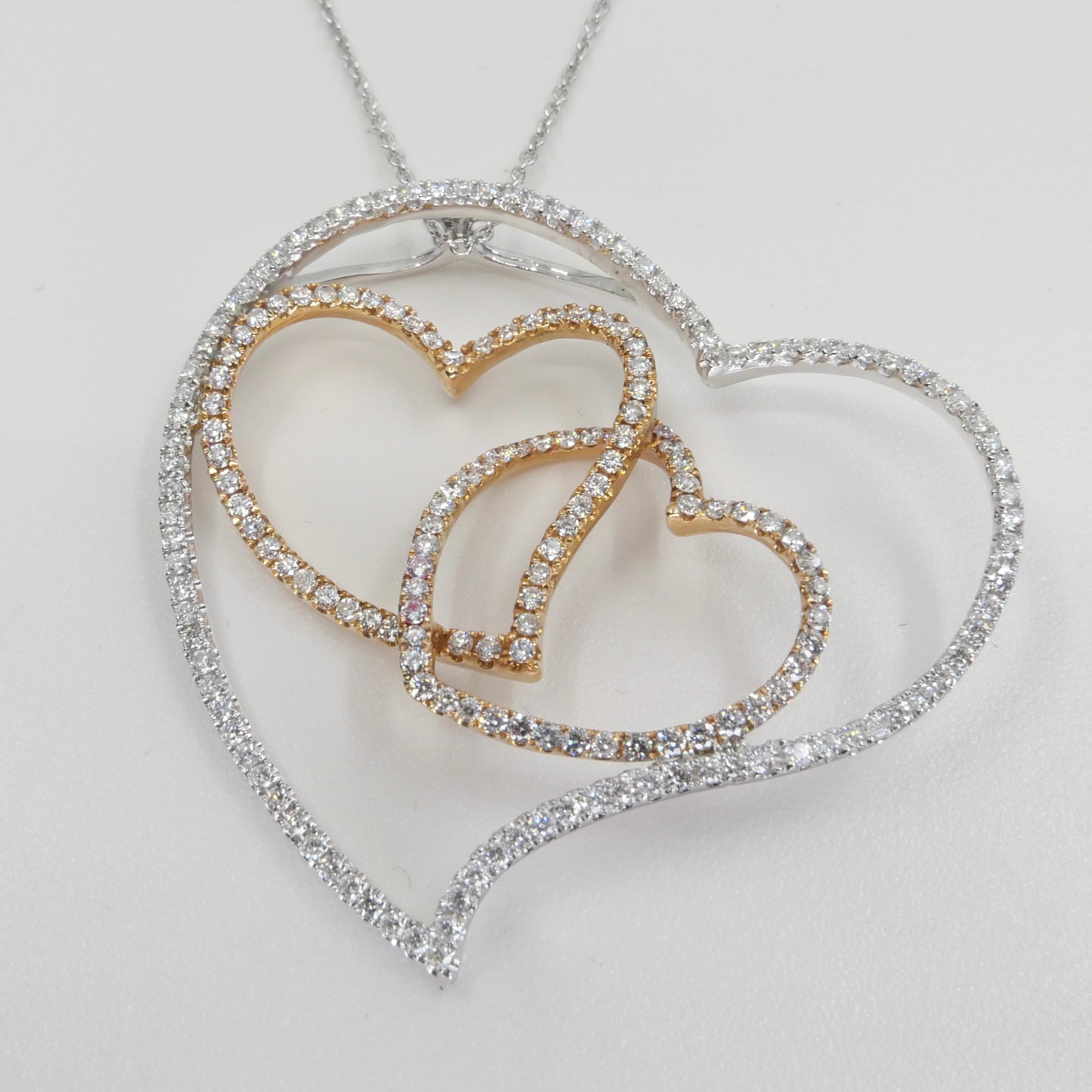 Two Tone Gold Floating Hearts Diamond Pendant, Excellent Depth of Field For Sale 12