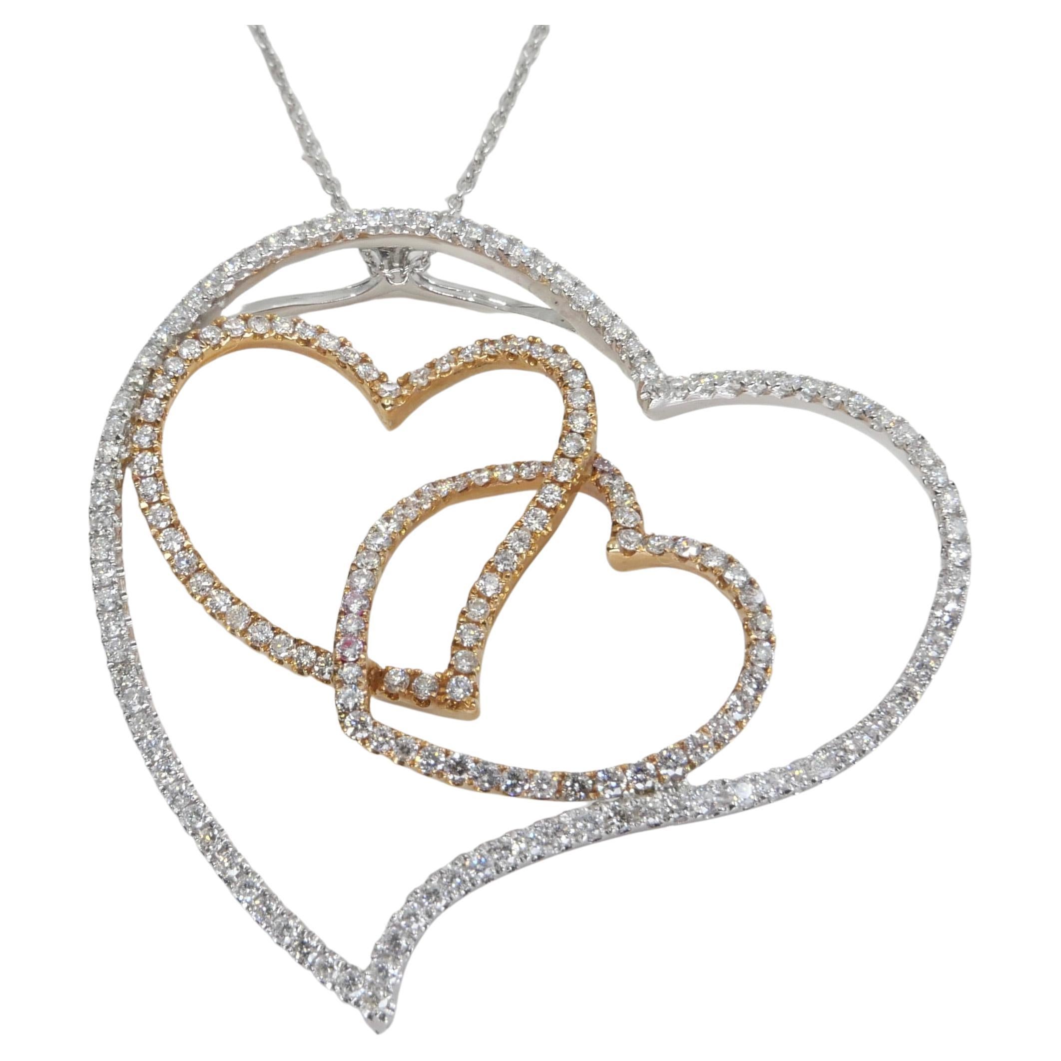 Two Tone Gold Floating Hearts Diamond Pendant, Excellent Depth of Field