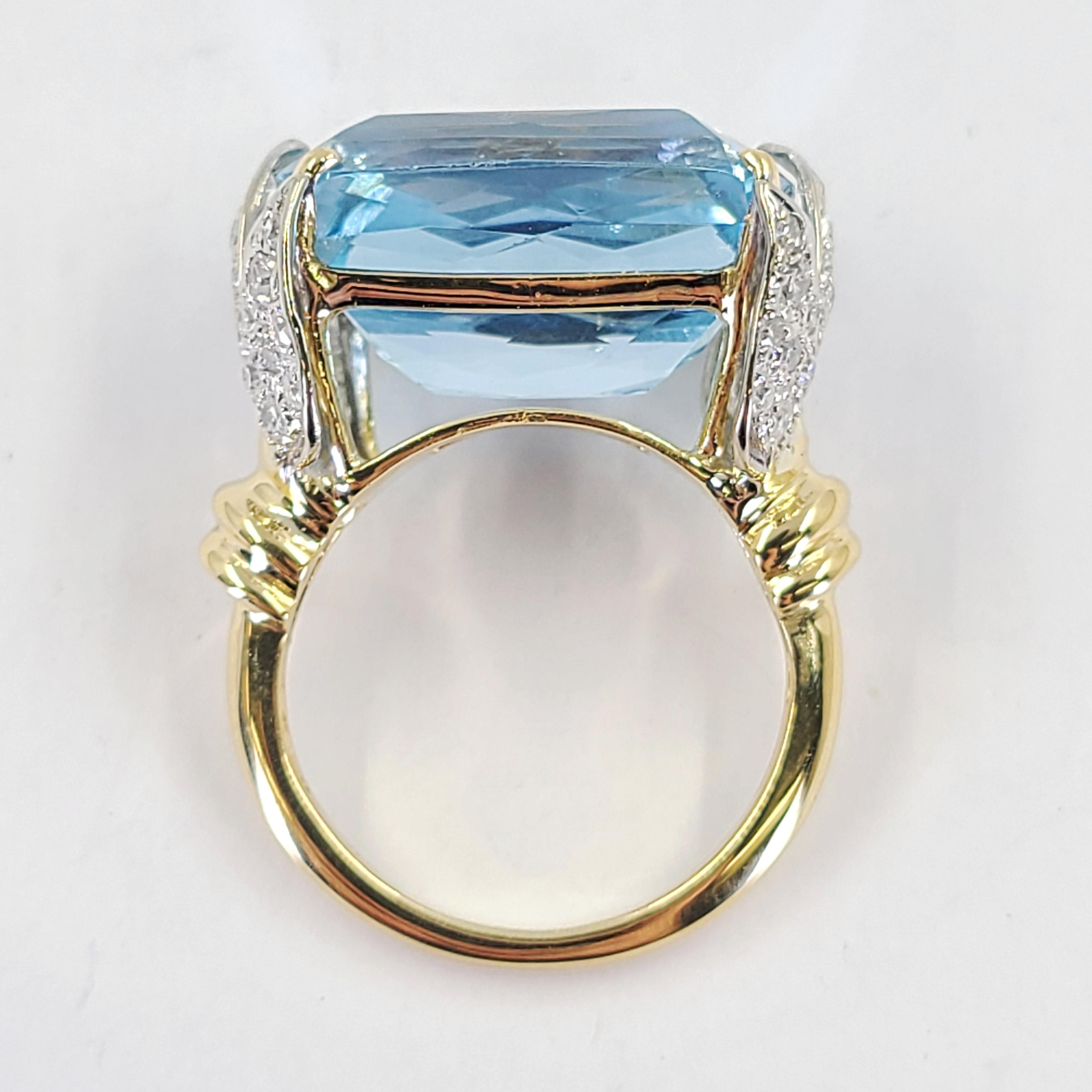 Cushion Cut Two Tone Gold Horizontal Aquamarine and Diamond Cocktail Ring For Sale