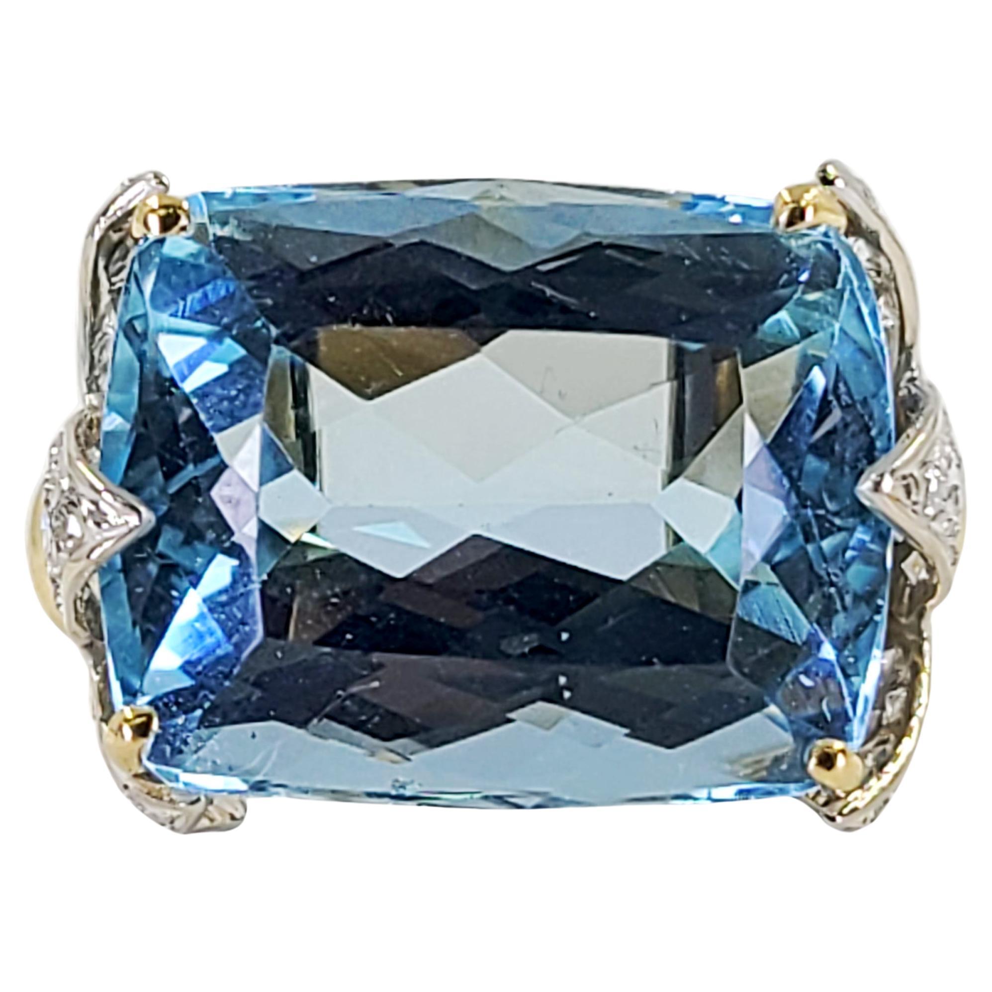 Two Tone Gold Horizontal Aquamarine and Diamond Cocktail Ring