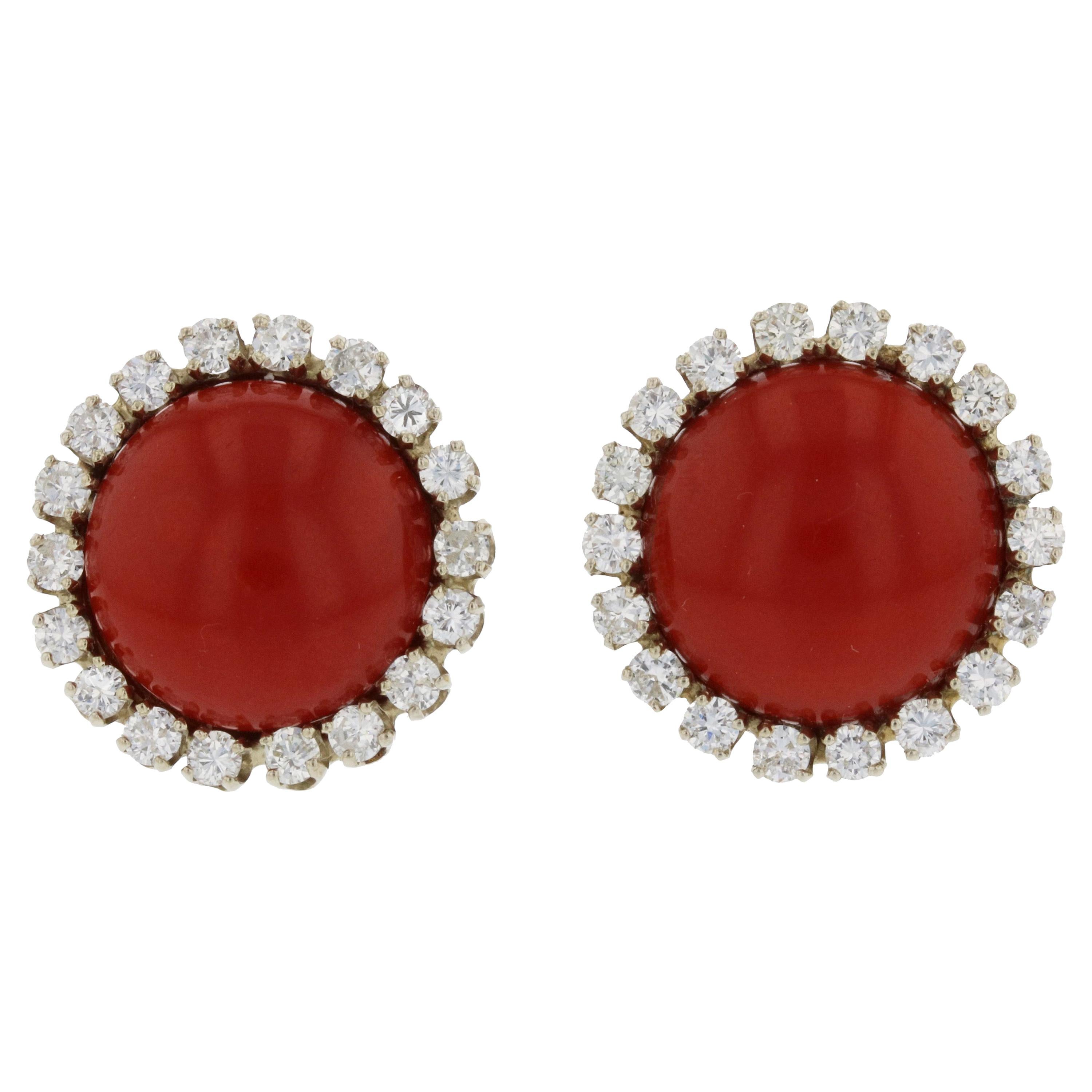 Oxblood Coral Diamond Gold Earrings For Sale at 1stDibs