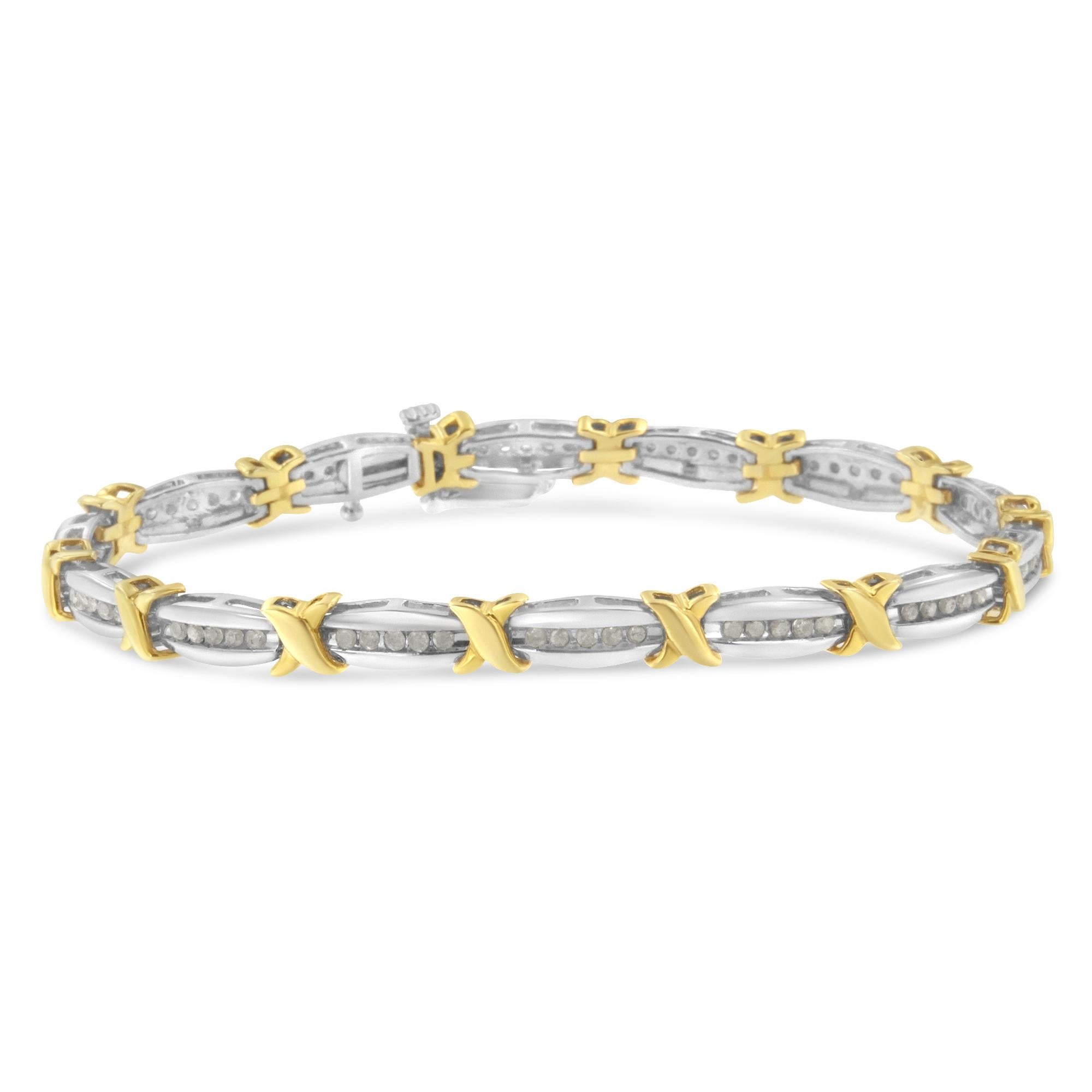 This 7” tennis bracelet features 1.0 carat total weight of rose-cut diamonds. The bracelet features alternating tapered and x shaped links with channel set stones. This bracelet is crafted out of sterling silver with a 10K yellow gold and rhodium