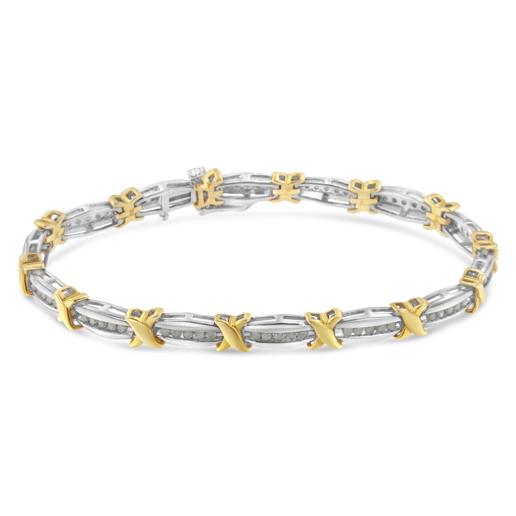 Contemporary Two-Tone Gold Plated Sterling Silver 1.00 Carat Diamond X-Link Bracelet