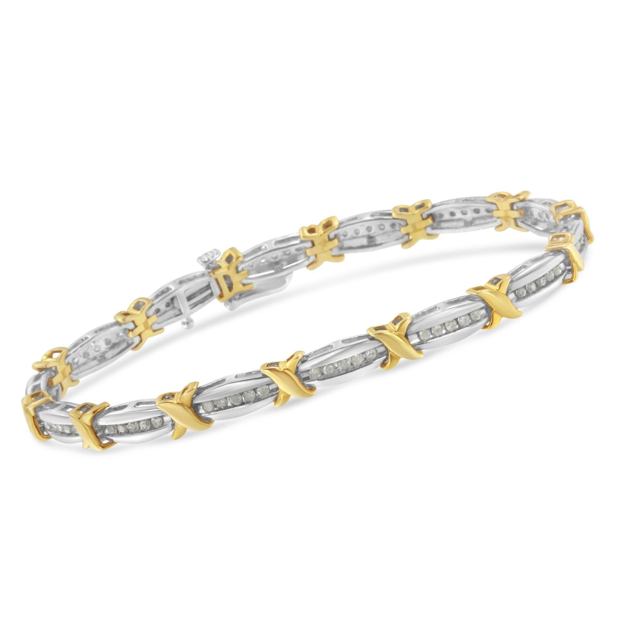 Two-Tone Gold Plated Sterling Silver 1.00 Carat Diamond X-Link Bracelet In New Condition In New York, NY