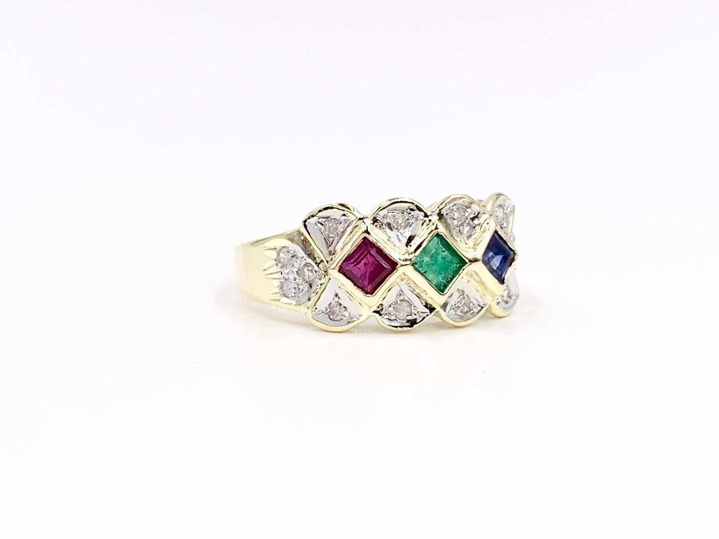 A comfortable and wearable 14 karat two tone gold ring featuring princess cut ruby, emerald and blue sapphire and accented with 14 single cut diamonds at approximately G color, I1 clarity.
Weights are as follows: Ruby .19 carats, Emerald .15 and