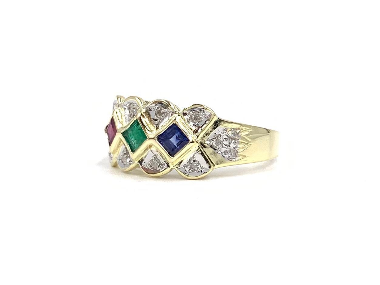 Two-Tone Gold Ruby, Sapphire and Emerald Ring For Sale 2