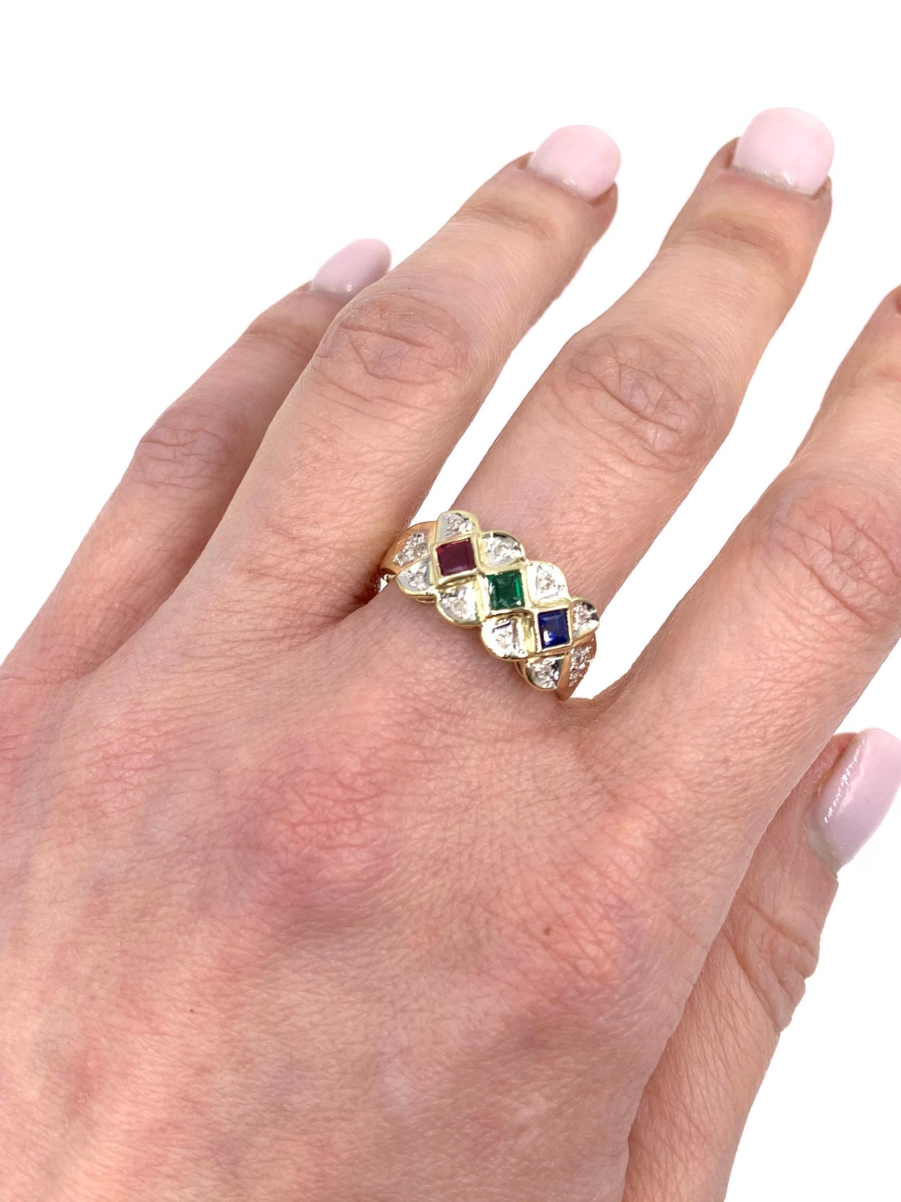 Two-Tone Gold Ruby, Sapphire and Emerald Ring For Sale 3