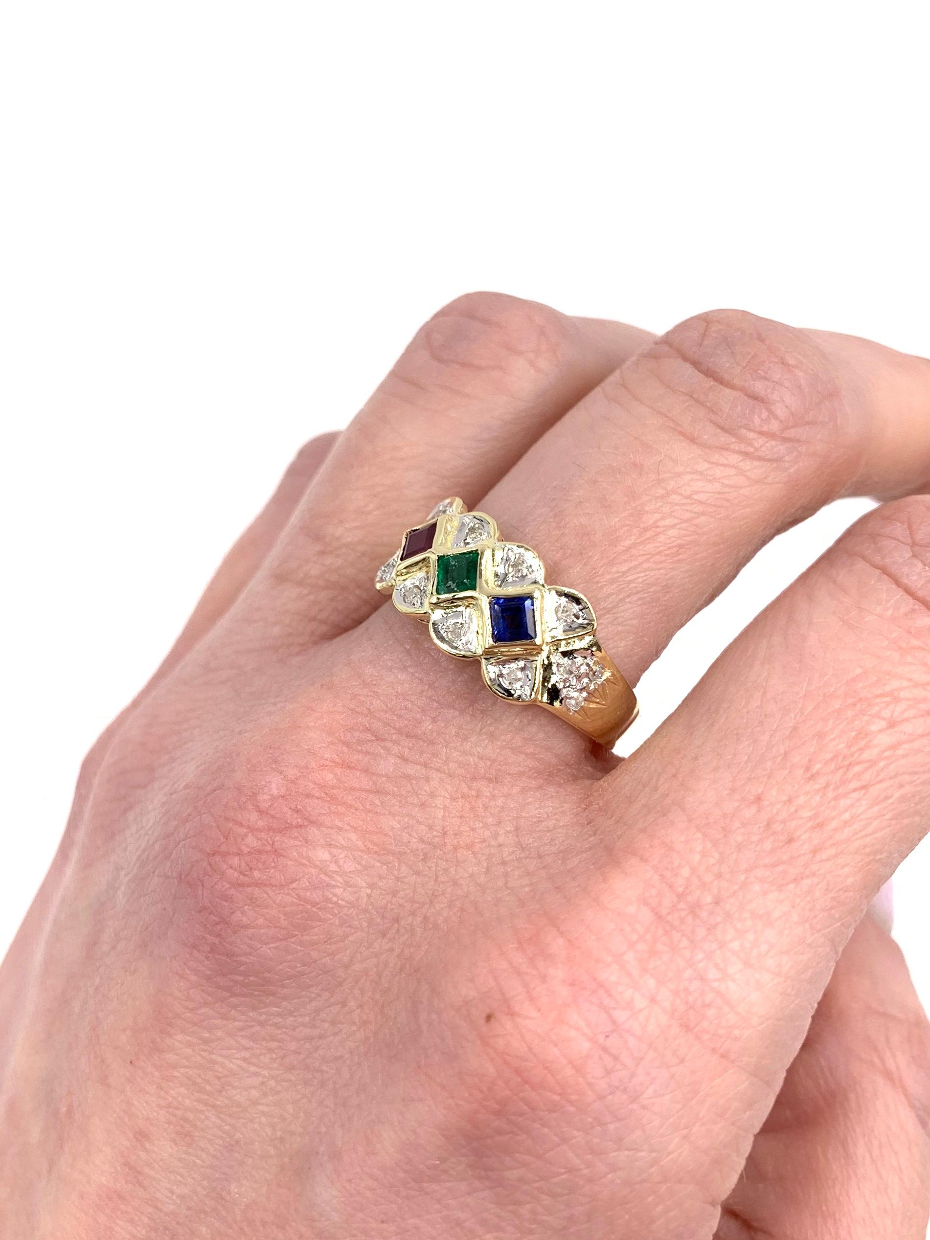 Two-Tone Gold Ruby, Sapphire and Emerald Ring For Sale 4