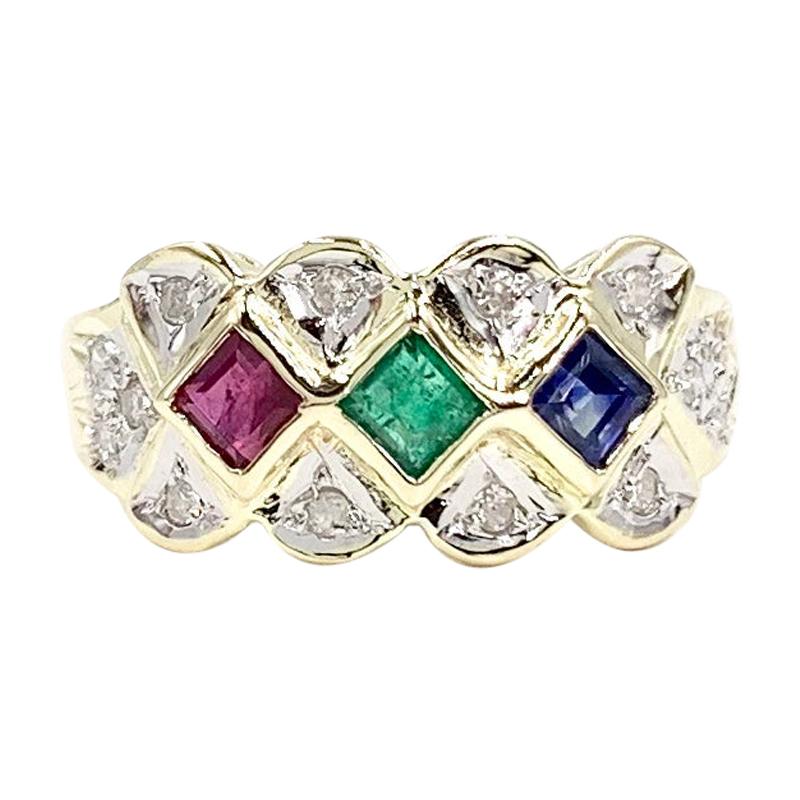 Two-Tone Gold Ruby, Sapphire and Emerald Ring For Sale