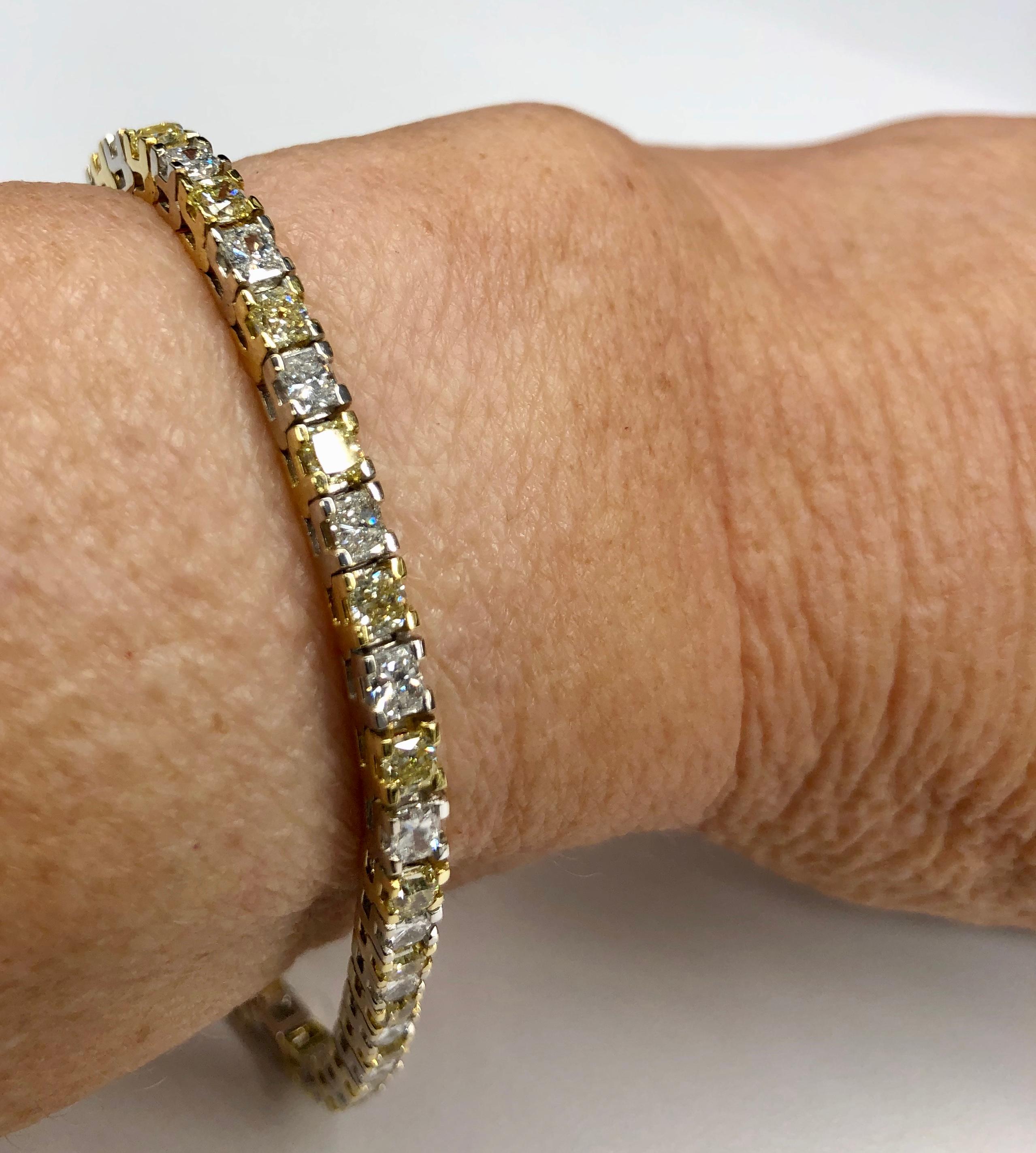Mixed Cut Yellow and White Diamond Line Bracelet in 18K Two-Tone Gold For Sale