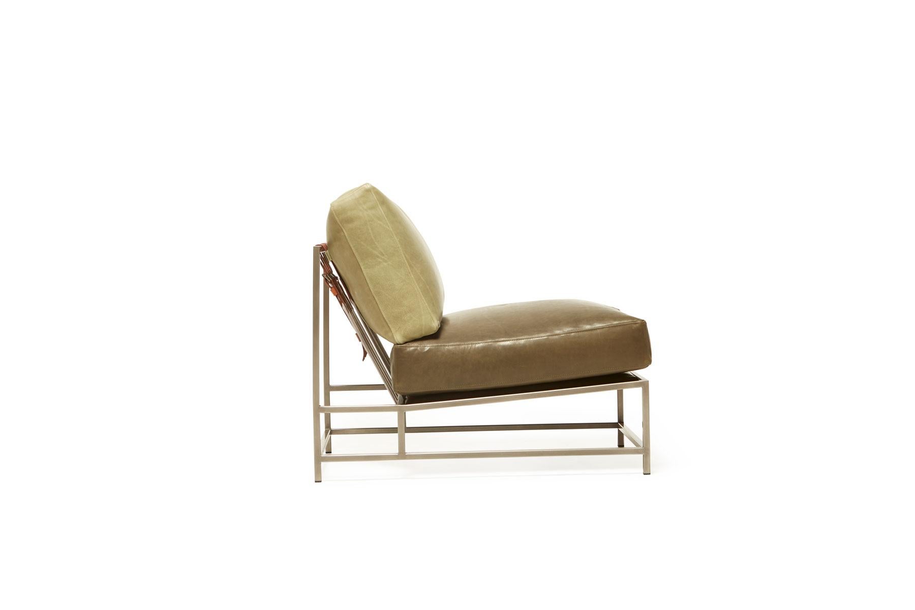 Modern Two-Tone Green Leather and Antique Nickel Chair For Sale
