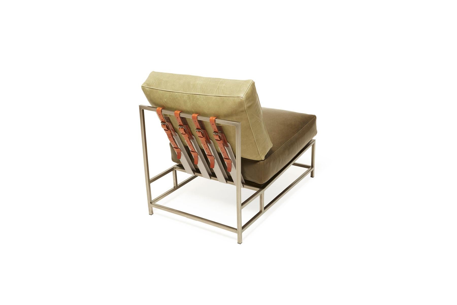Contemporary Two-Tone Green Leather and Antique Nickel Chair For Sale