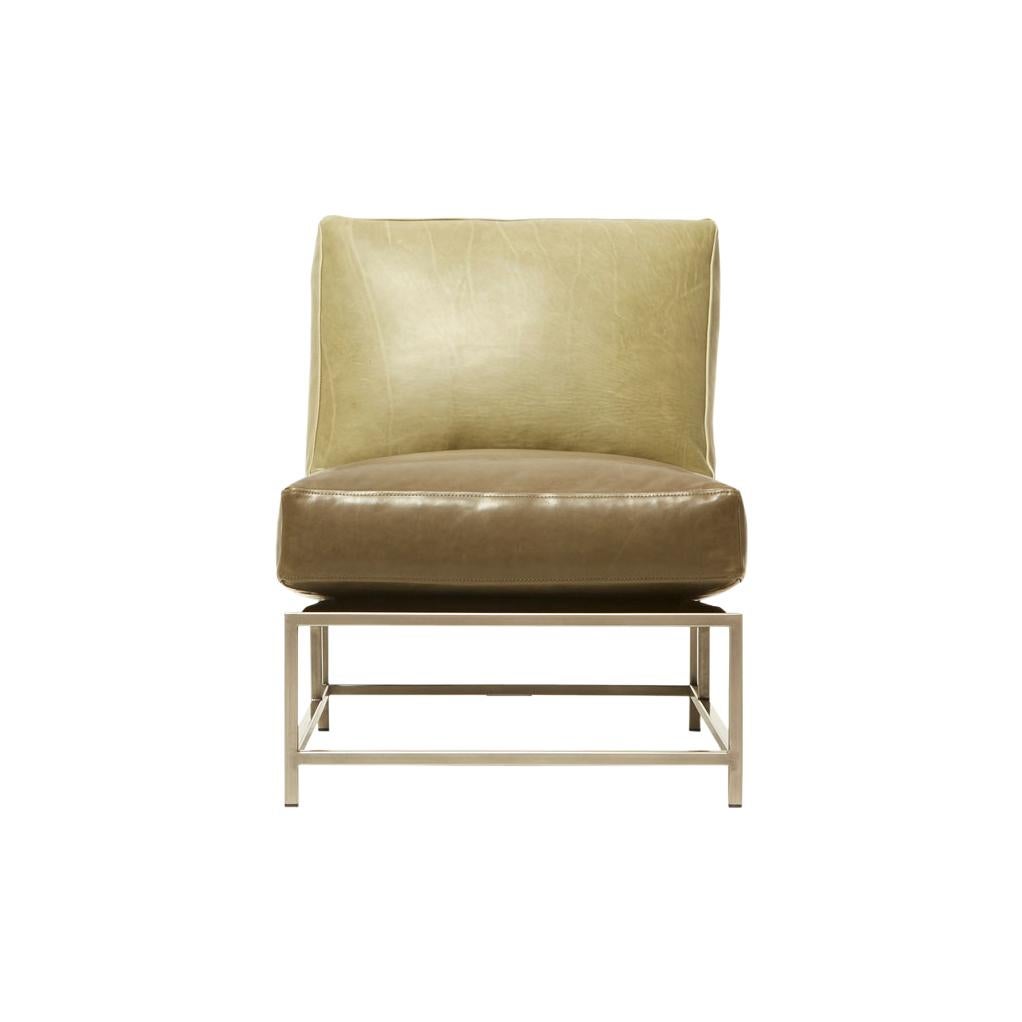 Two-Tone Green Leather and Antique Nickel Chair For Sale