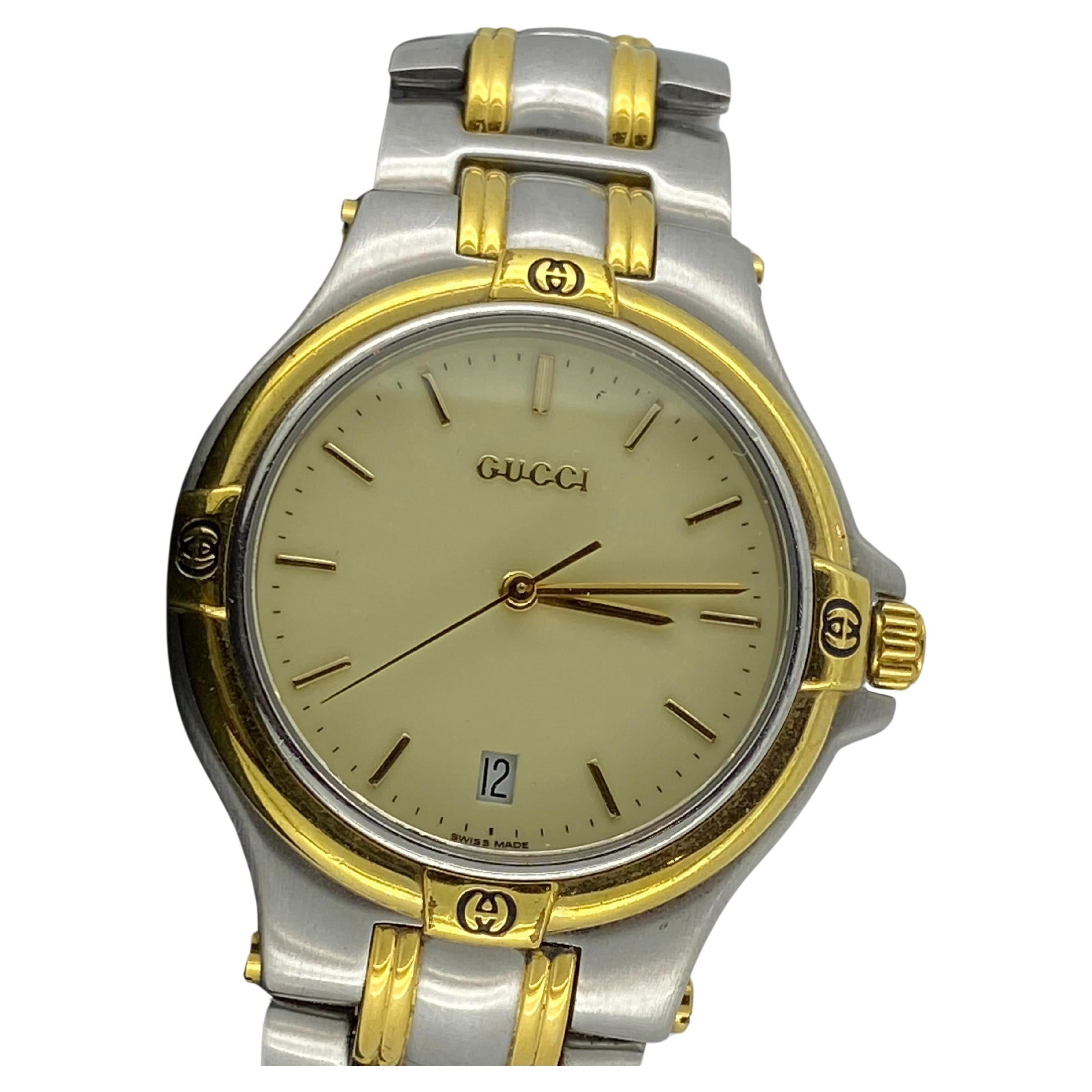 Two-Tone Gucci 36mm Golden Logo-Adorned Bezel S/Steel Mens' Swiss Quartz Watch For Sale