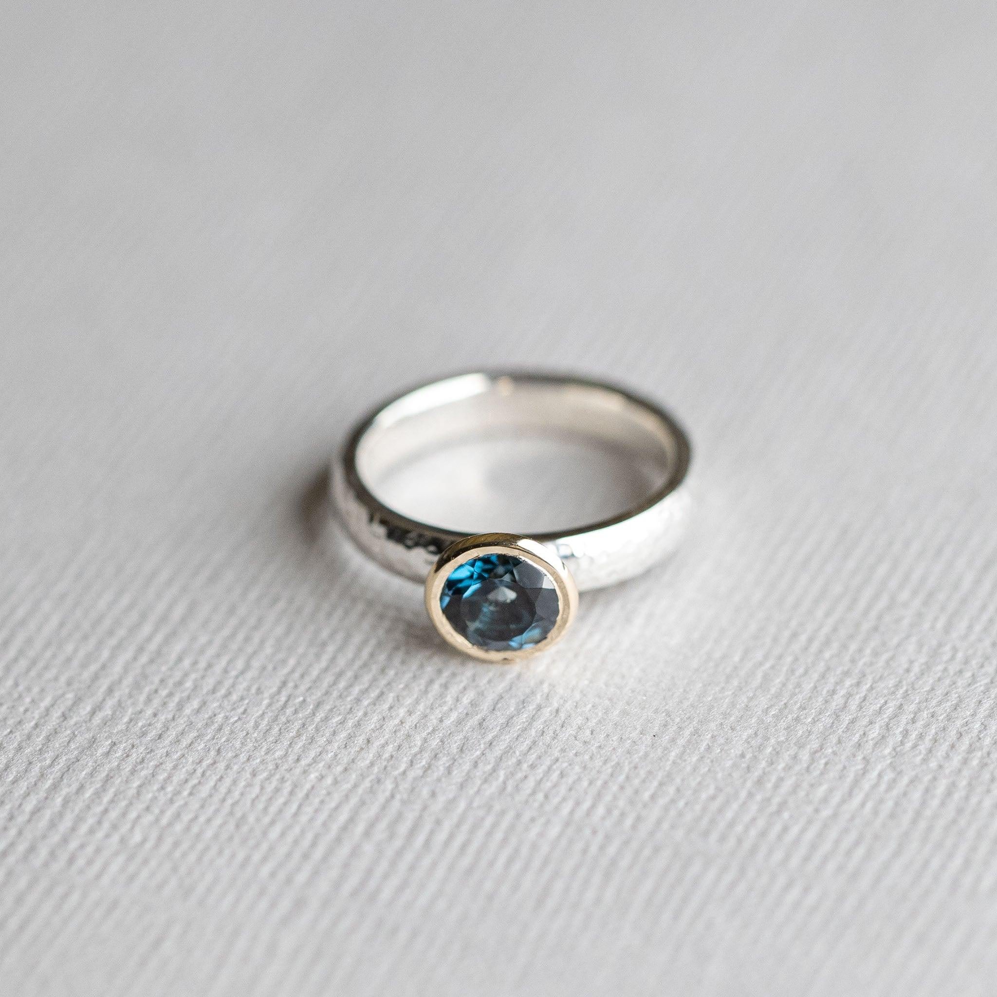 For Sale:  Two Tone Hammered Ring, London Topaz Ring, 14k Bezel Gold with Sterling Silver 10