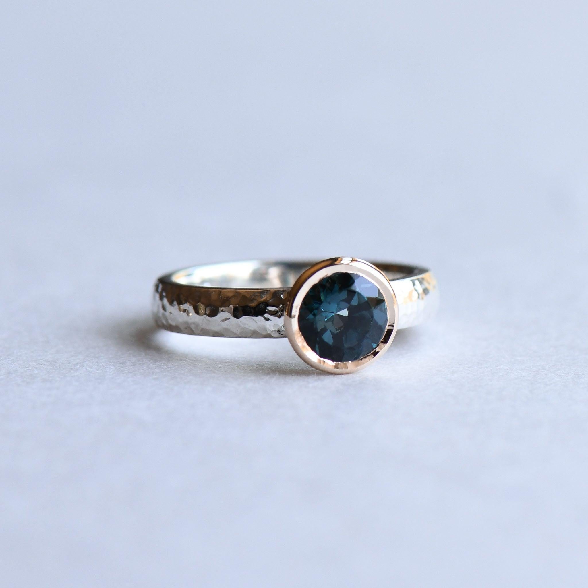 For Sale:  Two Tone Hammered Ring, London Topaz Ring, 14k Bezel Gold with Sterling Silver 2