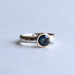 Two Tone Hammered Ring, London Topaz Ring, 14k Bezel Gold with Sterling Silver