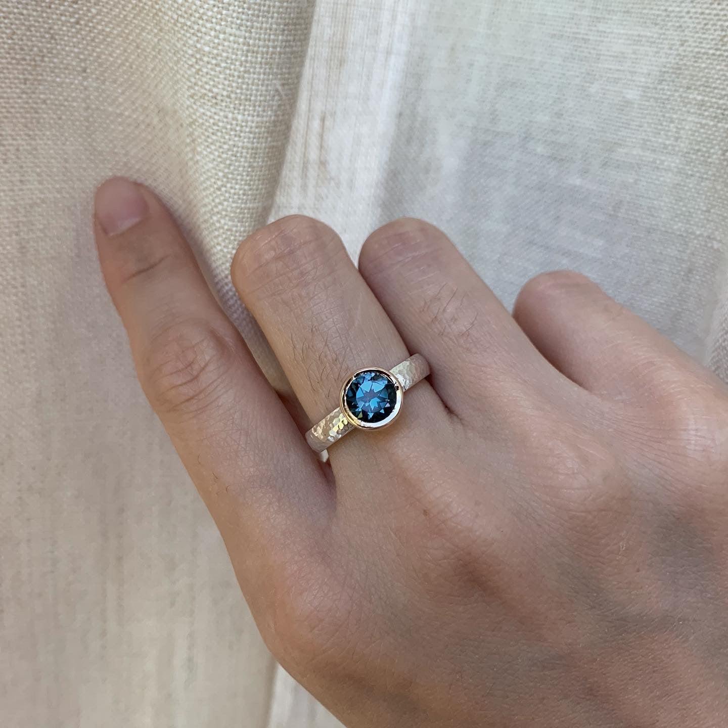 For Sale:  Two Tone Hammered Ring, London Topaz Ring, 14k Bezel Gold with Sterling Silver 3