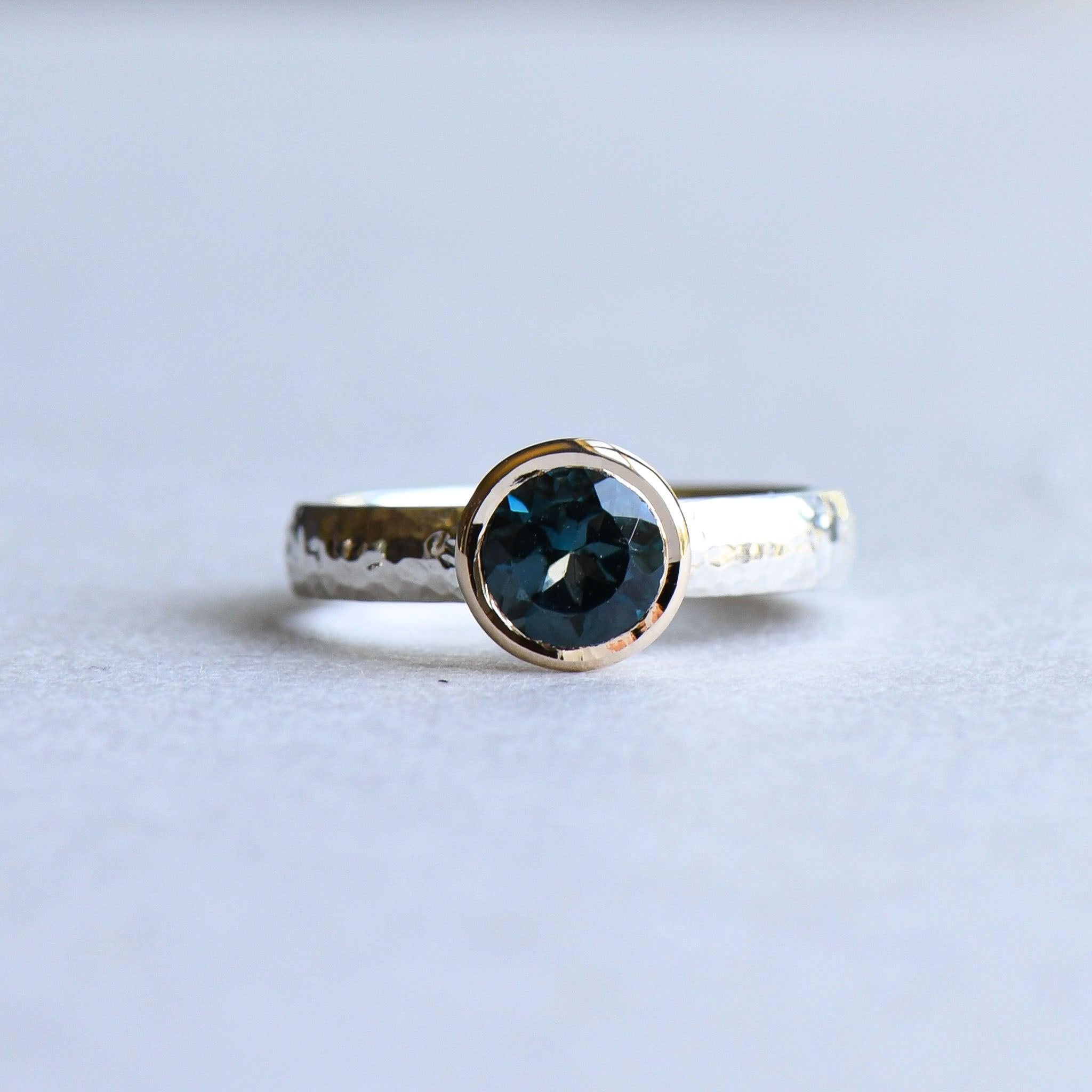 For Sale:  Two Tone Hammered Ring, London Topaz Ring, 14k Bezel Gold with Sterling Silver 6