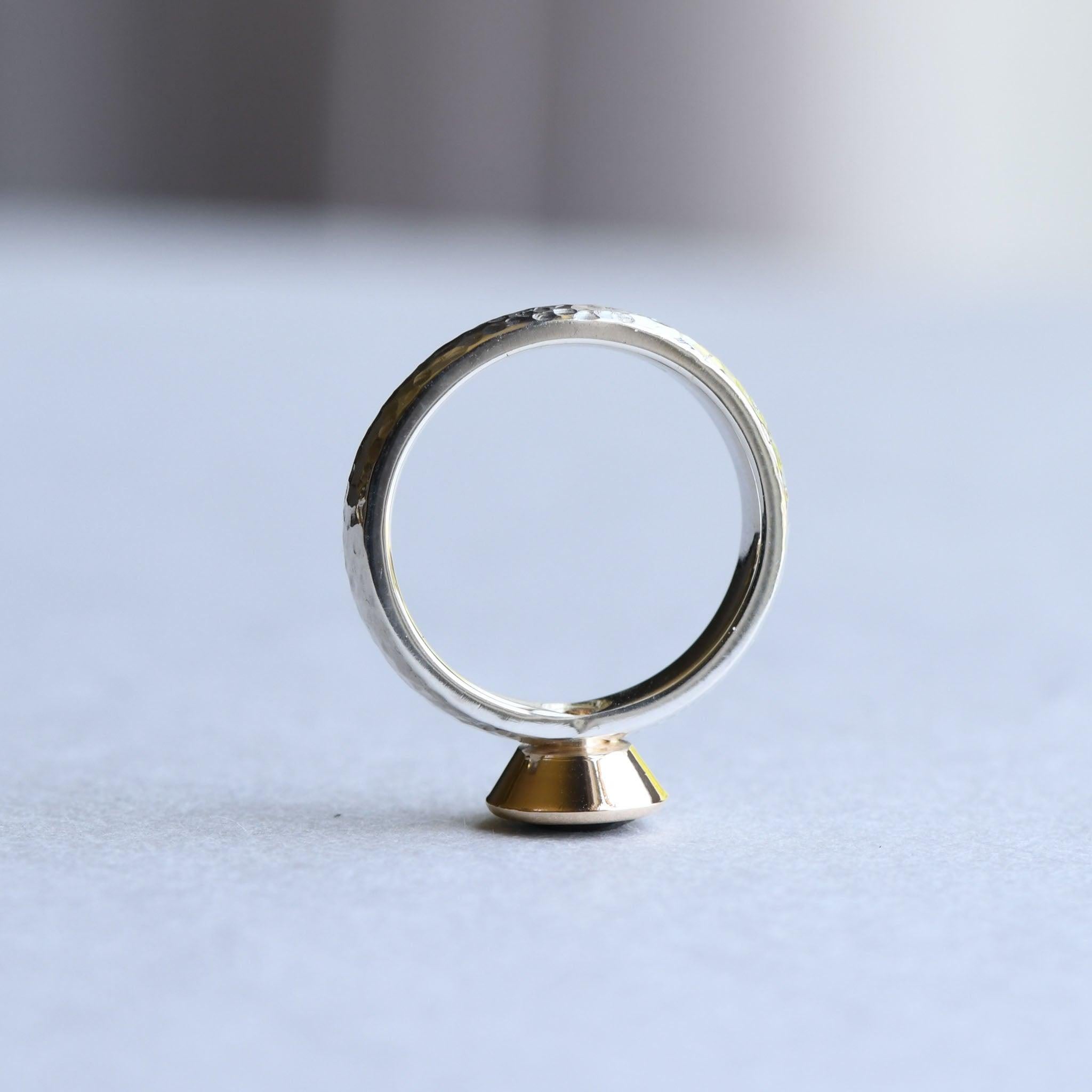 For Sale:  Two Tone Hammered Ring, London Topaz Ring, 14k Bezel Gold with Sterling Silver 7