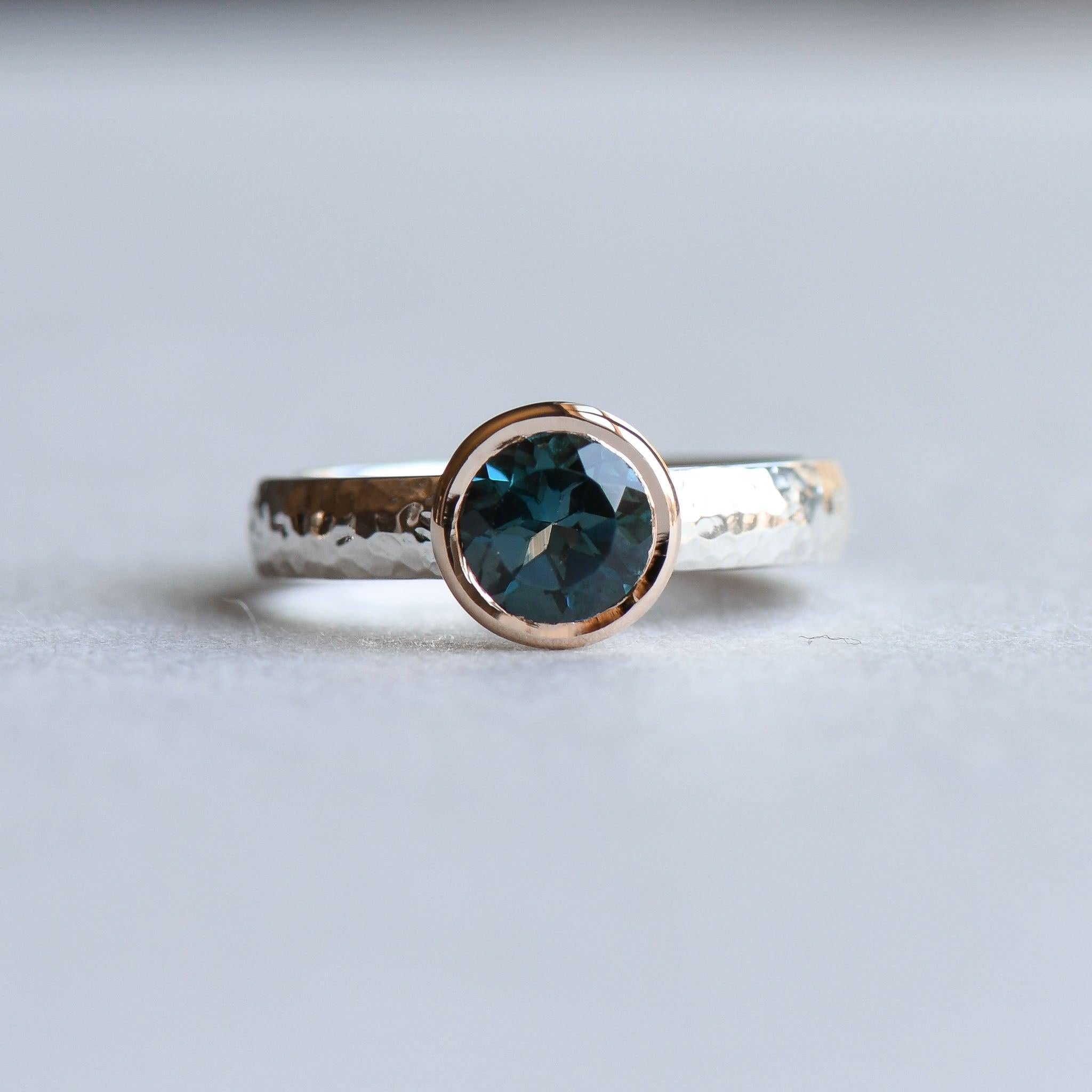 For Sale:  Two Tone Hammered Ring, London Topaz Ring, 14k Bezel Gold with Sterling Silver 8