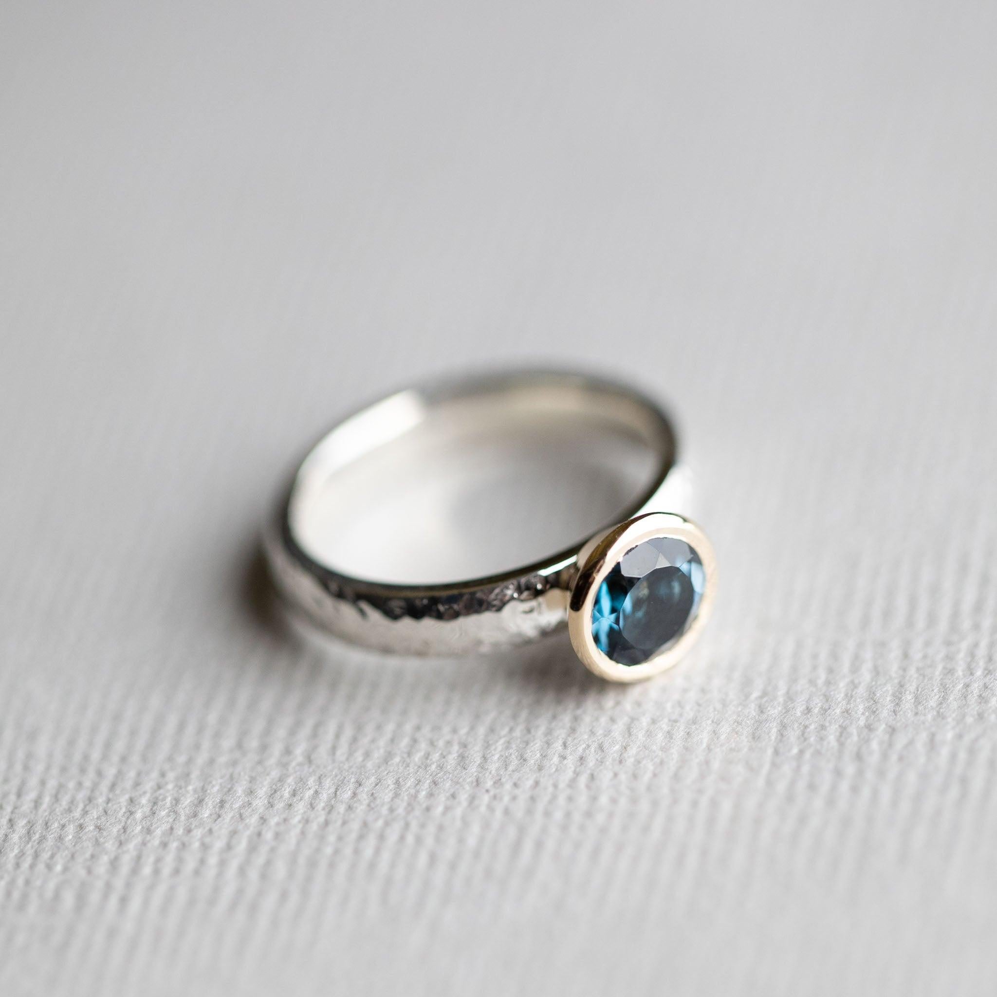 For Sale:  Two Tone Hammered Ring, London Topaz Ring, 14k Bezel Gold with Sterling Silver 9