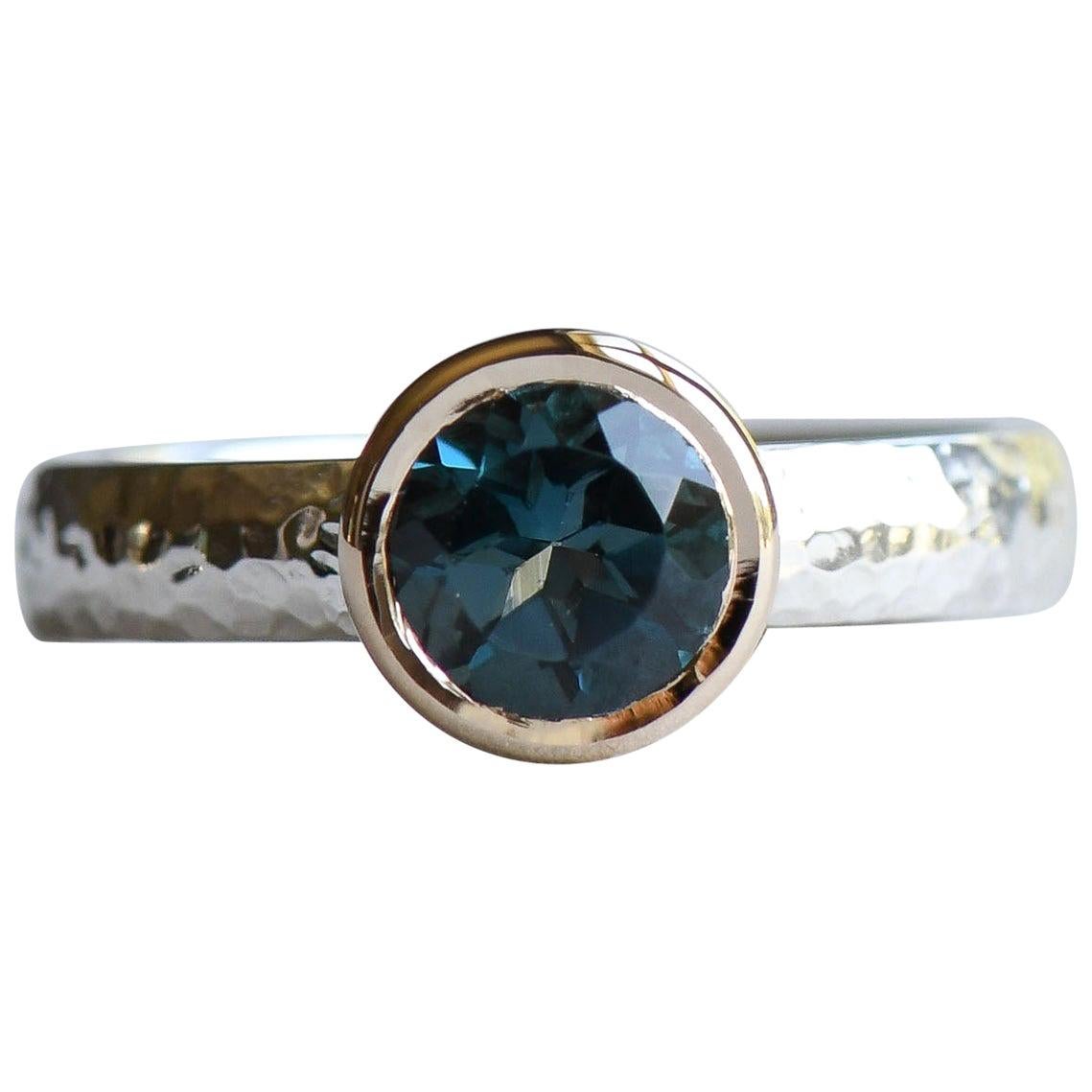 Two Tone Hammered Ring, London Topaz Ring, 14k Bezel Gold with Sterling Silver