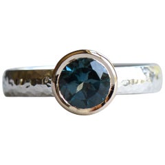 Two Tone Hammered Ring, London Topaz Ring, 14k Bezel Gold with Sterling Silver