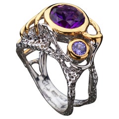 Two Tone Handcrafted Genuine Amethyst and Tanzanite Ring